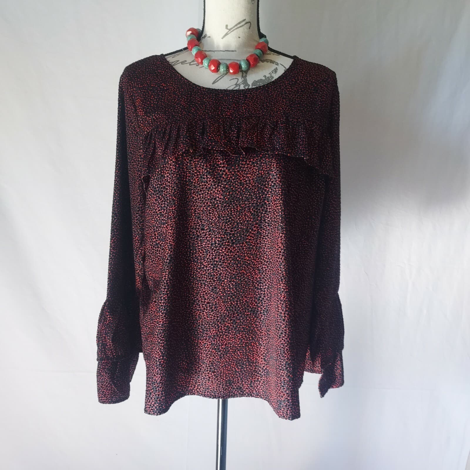 Lucky Brand Ruffle Blouse Bell Long Sleeve Jacquard Velvet-Polka Dot Red-Black L - Thumbnail 2