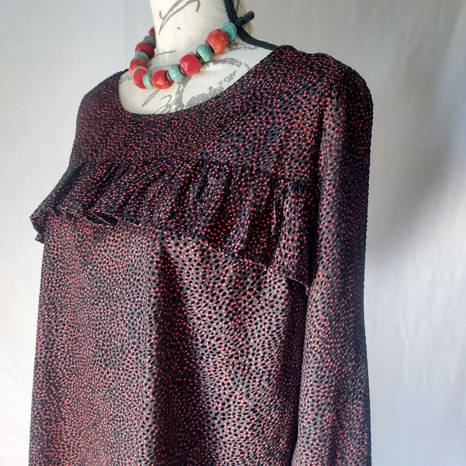 Lucky Brand Ruffle Blouse Bell Long Sleeve Jacquard Velvet-Polka Dot Red-Black L - Thumbnail 5