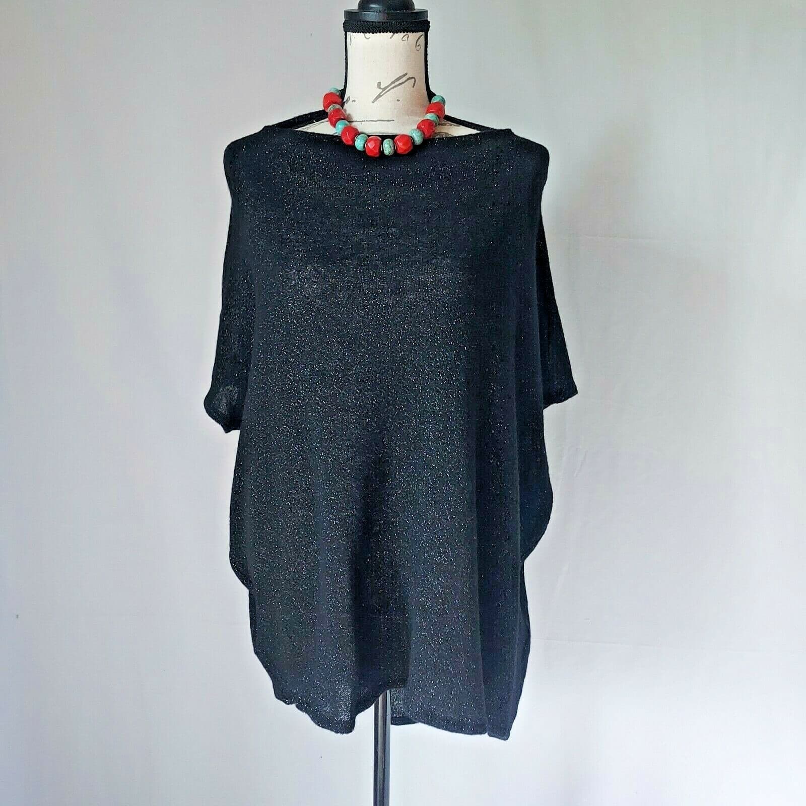 Bryn Walker Wool Blend Tunic Sweater Drop Shoulder Boat Neck Black Metallic Sz.S