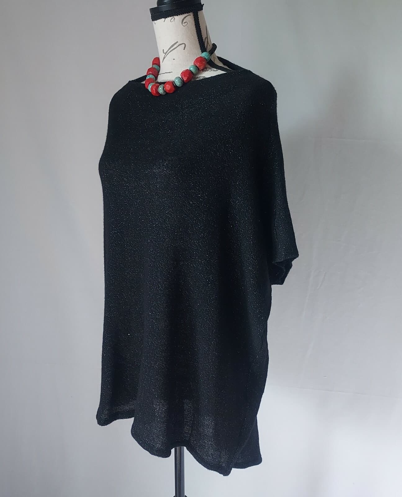 Bryn Walker Wool Blend Tunic Sweater Drop Shoulder Boat Neck Black Metallic Sz.S - Thumbnail 4