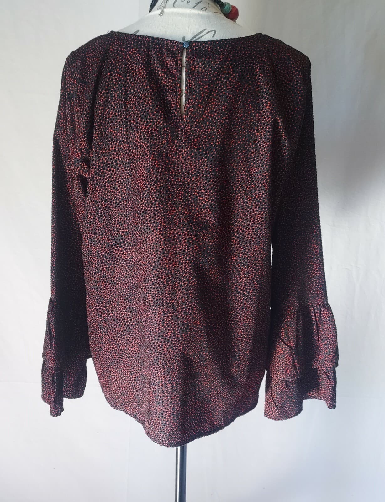 Lucky Brand Ruffle Blouse Bell Long Sleeve Jacquard Velvet-Polka Dot Red-Black L - Thumbnail 8