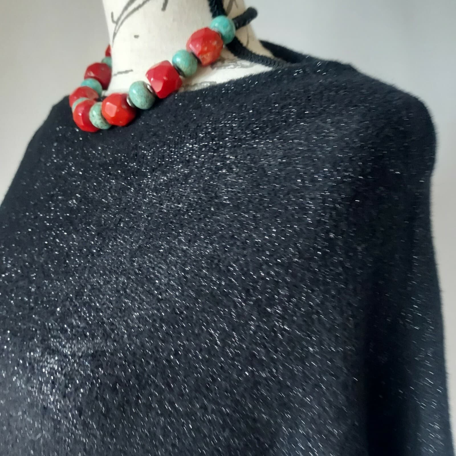 Bryn Walker Wool Blend Tunic Sweater Drop Shoulder Boat Neck Black Metallic Sz.S - Thumbnail 2