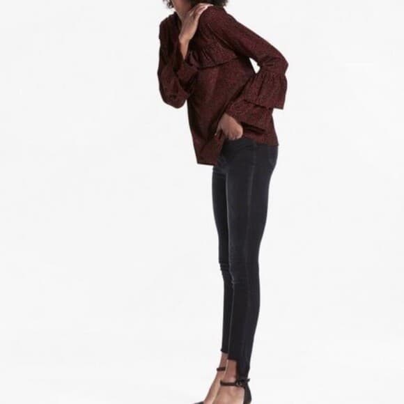 Lucky Brand Ruffle Blouse Bell Long Sleeve Jacquard Velvet-Polka Dot Red-Black L - Thumbnail 4