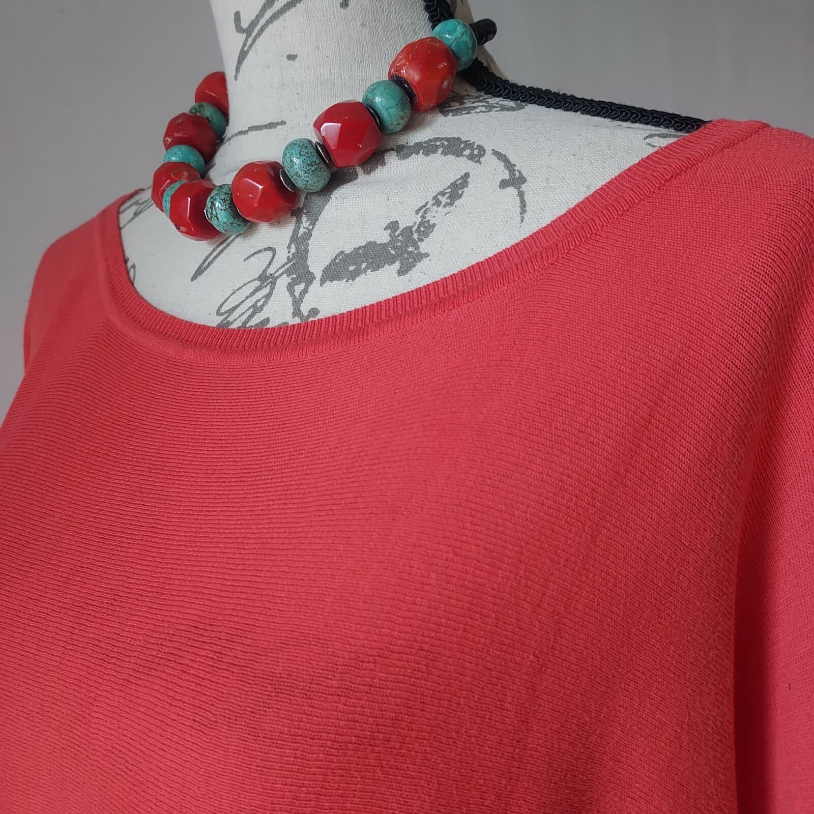 Garnet Hill Silk Cotton Knit Tunic Top Drop Shoulder Scoop Neck Red-Orange Sz.M - Thumbnail 2