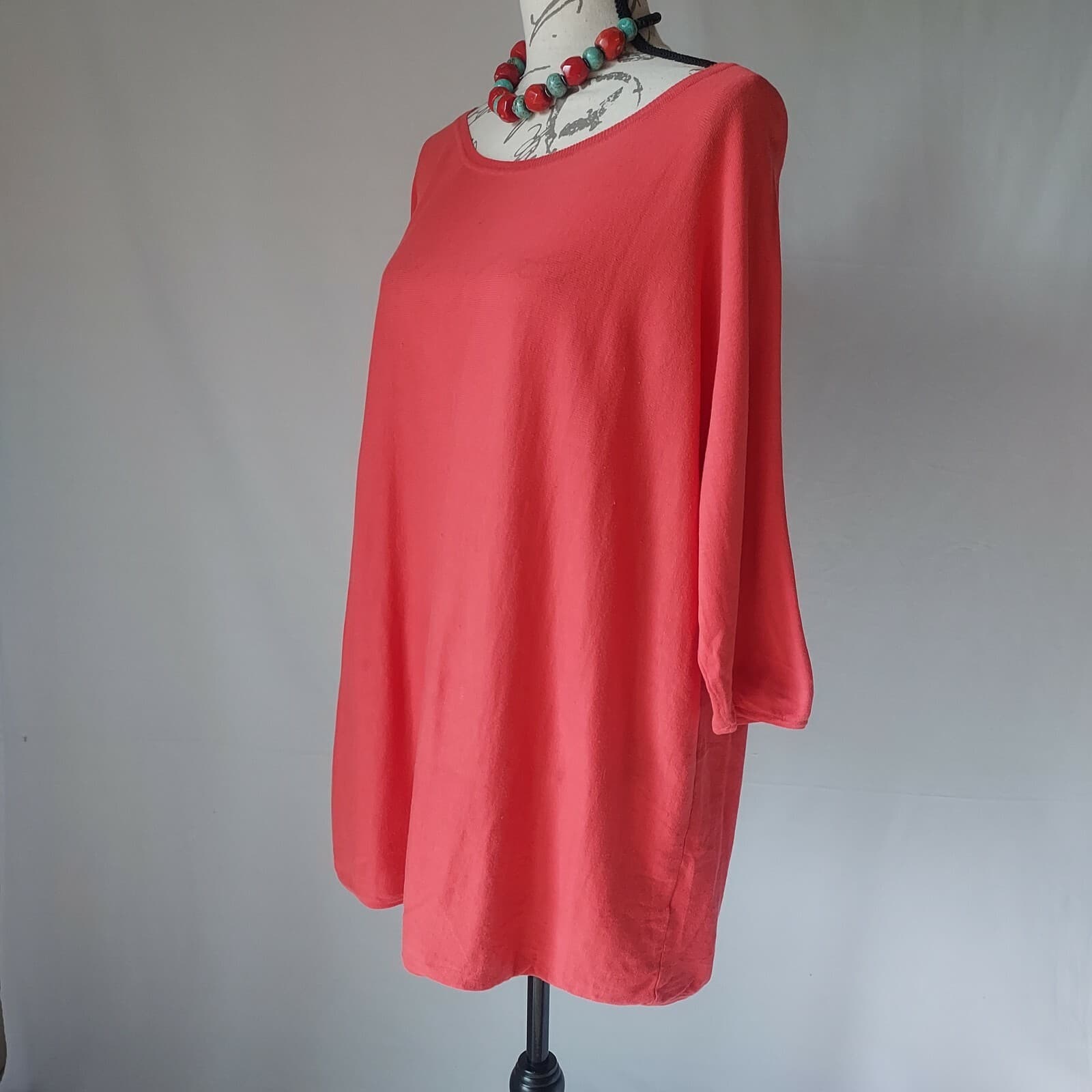 Garnet Hill Silk Cotton Knit Tunic Top Drop Shoulder Scoop Neck Red-Orange Sz.M - Thumbnail 3