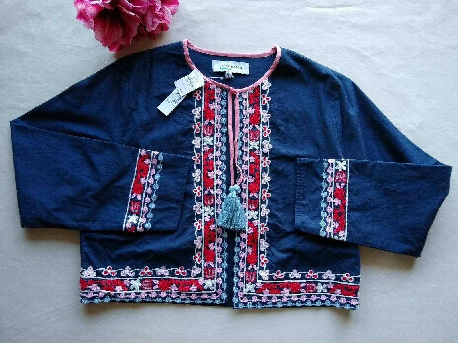 NWT Pure Nordic Belle Embroidered Open Front Boho Jacket Long Sleeves Blue L $99 - Thumbnail 2