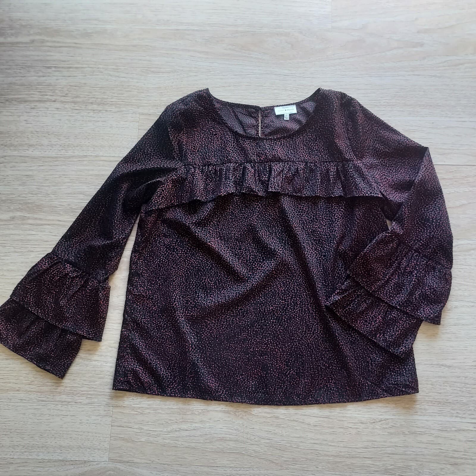 Lucky Brand Ruffle Blouse Bell Long Sleeve Jacquard Velvet-Polka Dot Red-Black L - Thumbnail 9