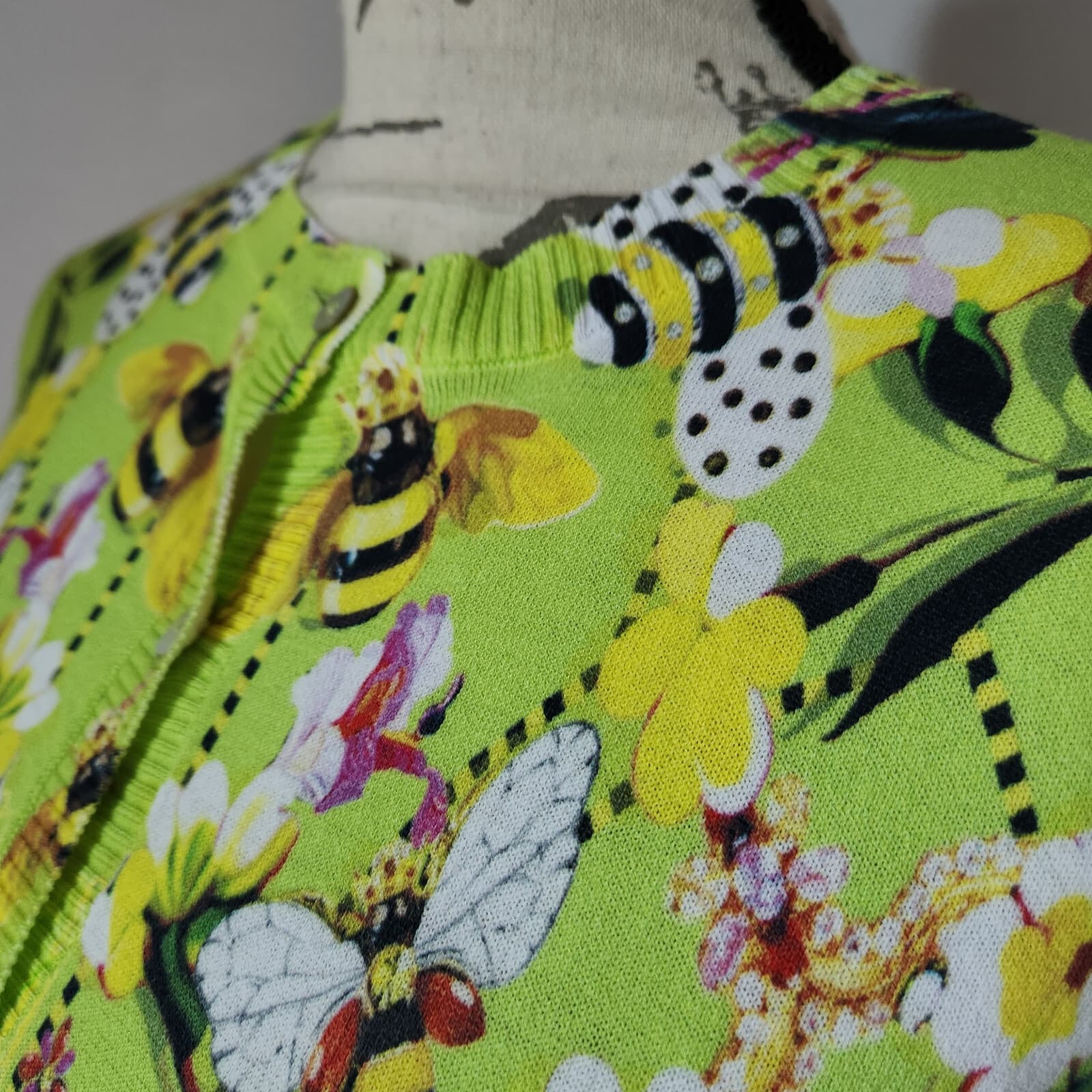 Piccione Piccione Made in Italy Bee Floral Cardigan Button Cotton Green Sz.42 - Thumbnail 3