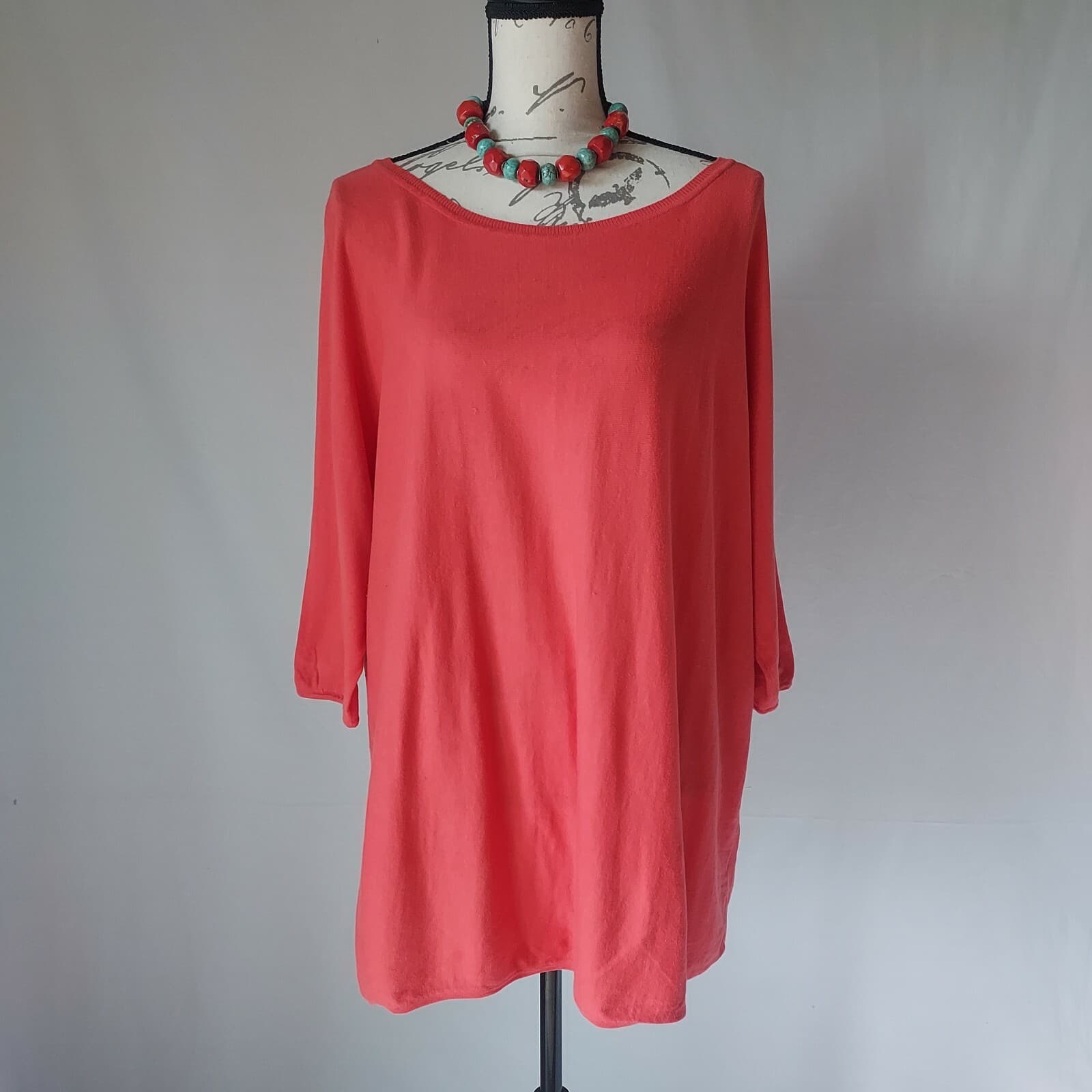 Garnet Hill Silk Cotton Knit Tunic Top Drop Shoulder Scoop Neck Red-Orange Sz.M