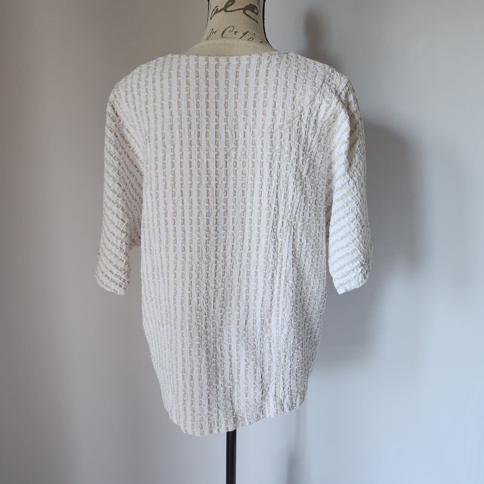 Focus Lagenlook Top Short Sleeve Wooden Button Pocket Cotton White Green Sz.M - Thumbnail 6
