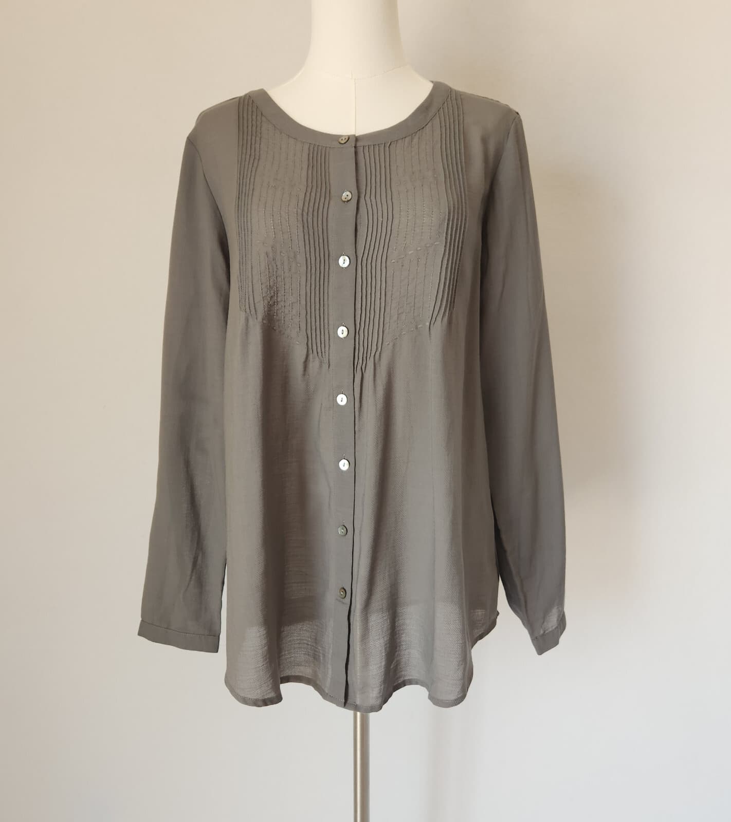 J.Jill Cotton Wool Pintuck Tunic Blouse Button-Front Long Sleeve Grey Women's M