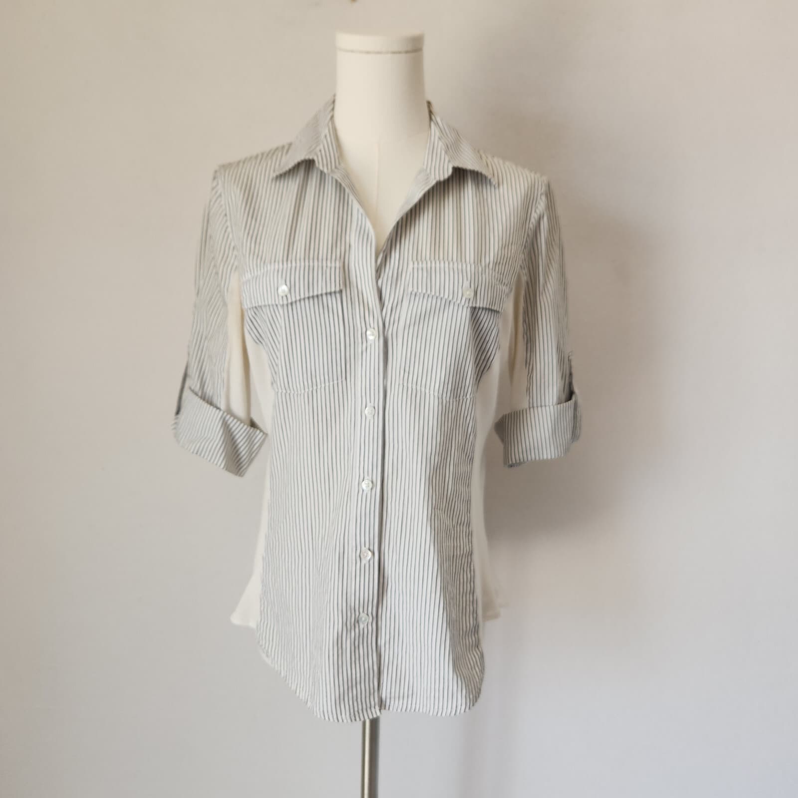 James Perse Roll Tab Button-Up Shirt Ribbed Knit Side Panel White Stripe Sz.2/M - Thumbnail 2