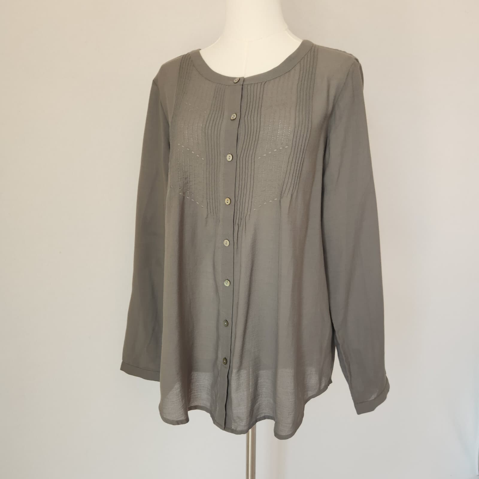 J.Jill Cotton Wool Pintuck Tunic Blouse Button-Front Long Sleeve Grey Women's M - Thumbnail 2