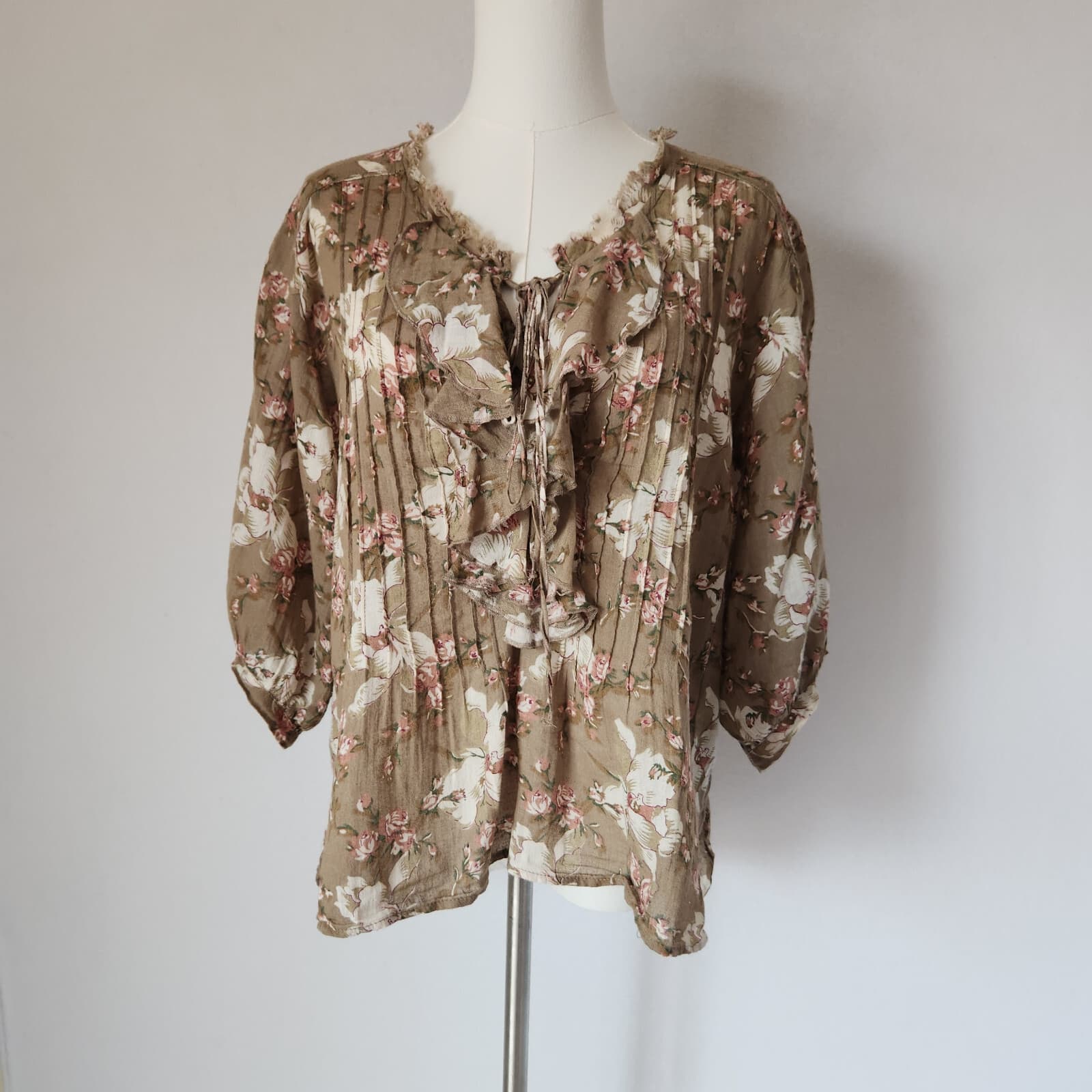 Denim & Supply Ralph Lauren Floral Ruffle Lace-Up Boho Top Puff Sleeve Brown M