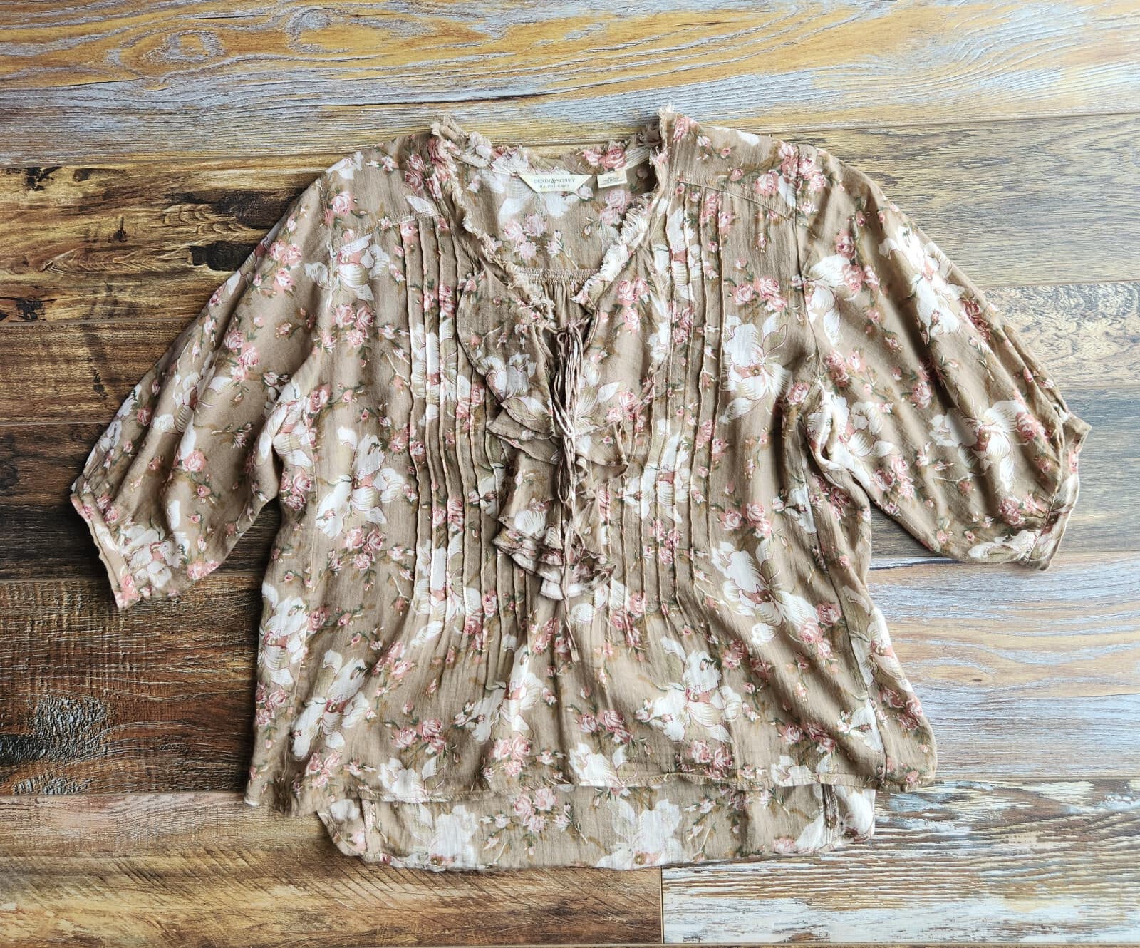 Denim & Supply Ralph Lauren Floral Ruffle Lace-Up Boho Top Puff Sleeve Brown M - Thumbnail 9