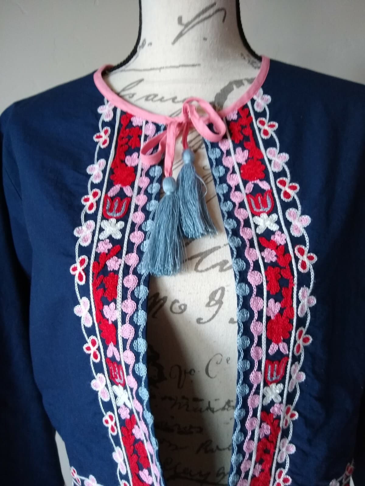 NWT Pure Nordic Belle Embroidered Open Front Boho Jacket Long Sleeves Blue L $99 - Thumbnail 3