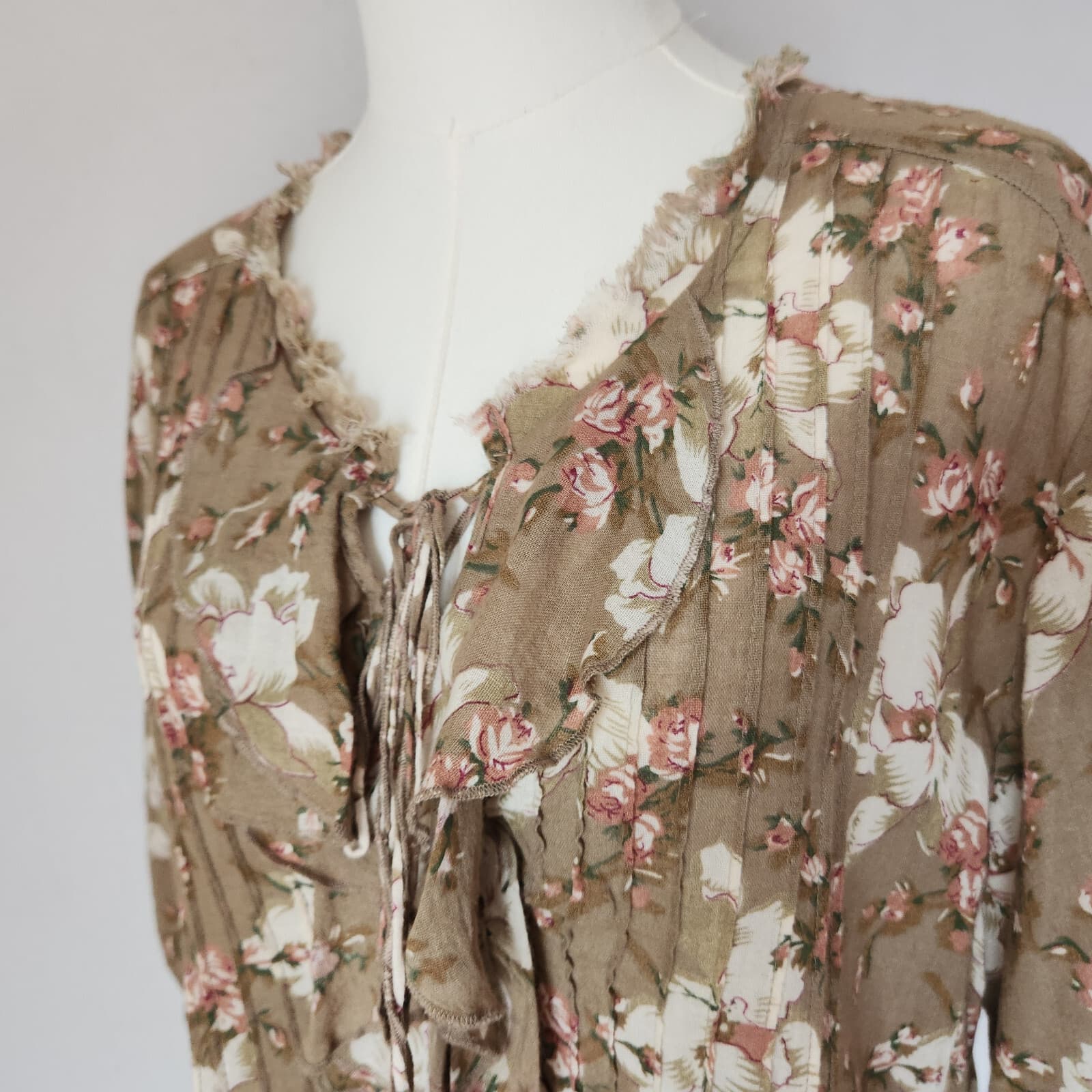 Denim & Supply Ralph Lauren Floral Ruffle Lace-Up Boho Top Puff Sleeve Brown M - Thumbnail 4