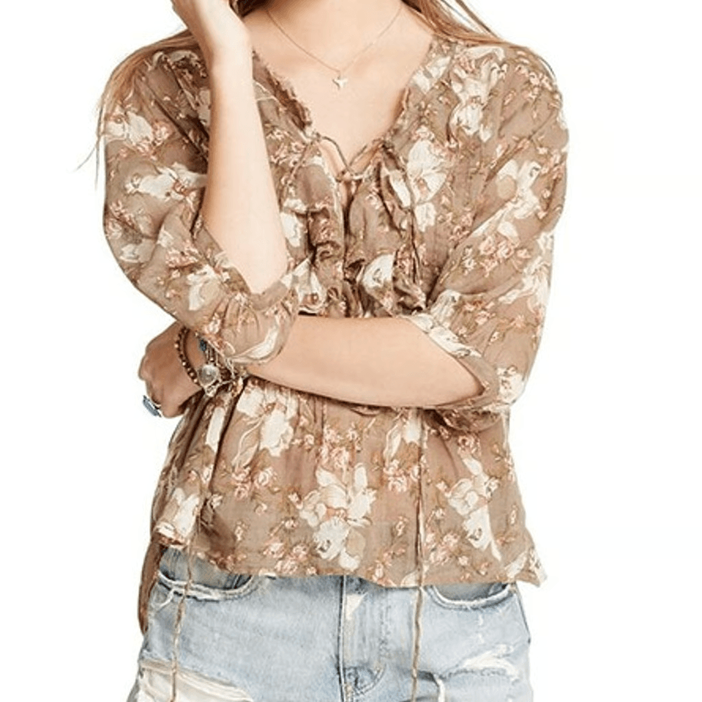 Denim & Supply Ralph Lauren Floral Ruffle Lace-Up Boho Top Puff Sleeve Brown M - Thumbnail 3