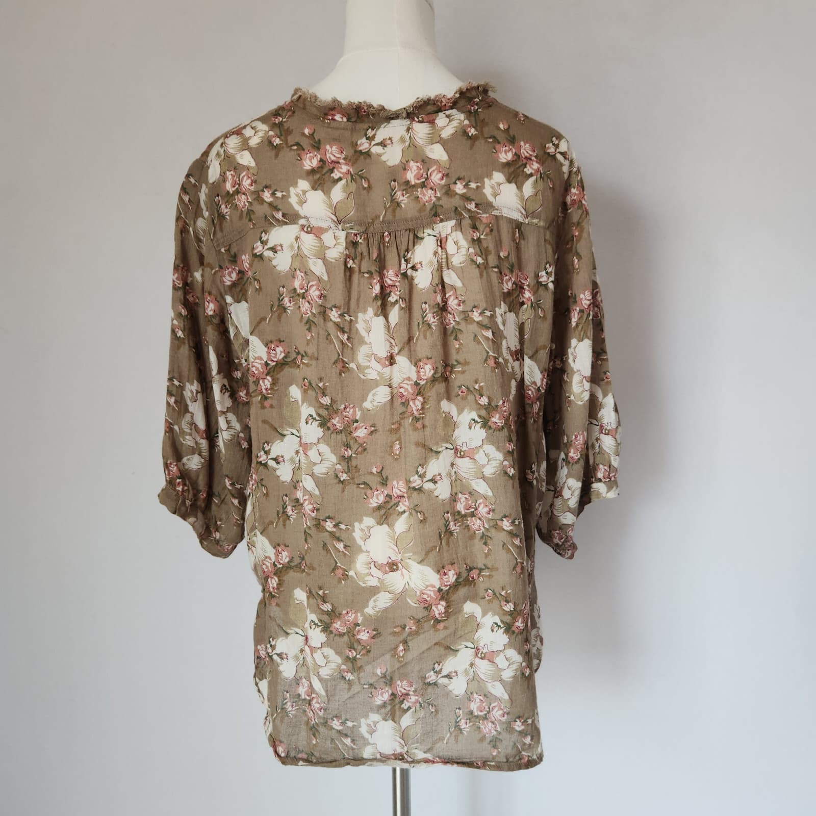 Denim & Supply Ralph Lauren Floral Ruffle Lace-Up Boho Top Puff Sleeve Brown M - Thumbnail 8