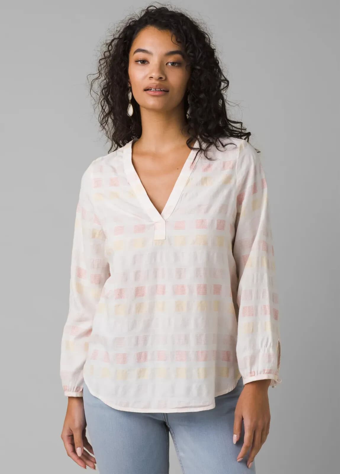 PrAna Indra Popover Top Long Sleeve V-Neck Multicolor Organic Cotton Blend Sz.XS