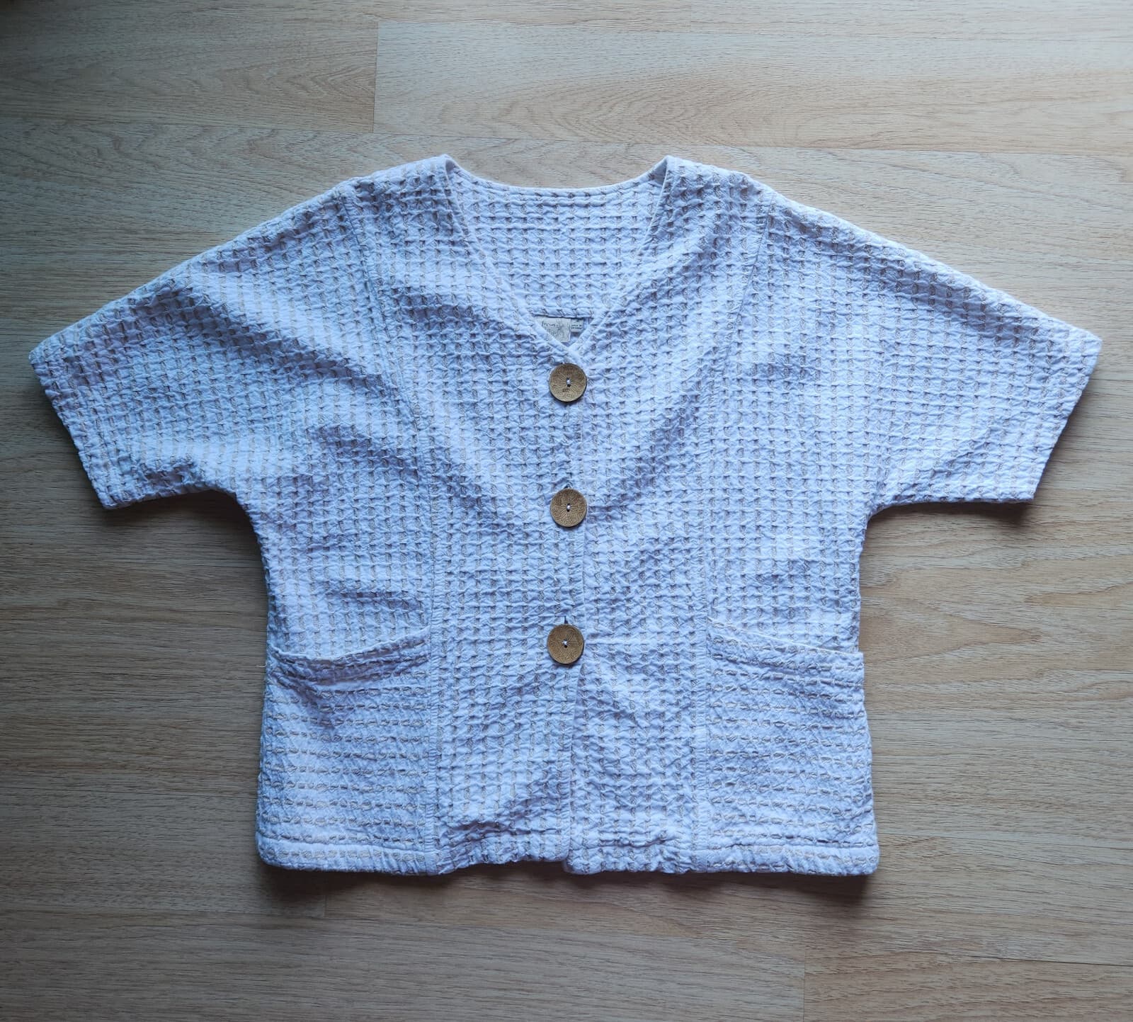 Focus Lagenlook Top Short Sleeve Wooden Button Pocket Cotton White Green Sz.M - Thumbnail 5