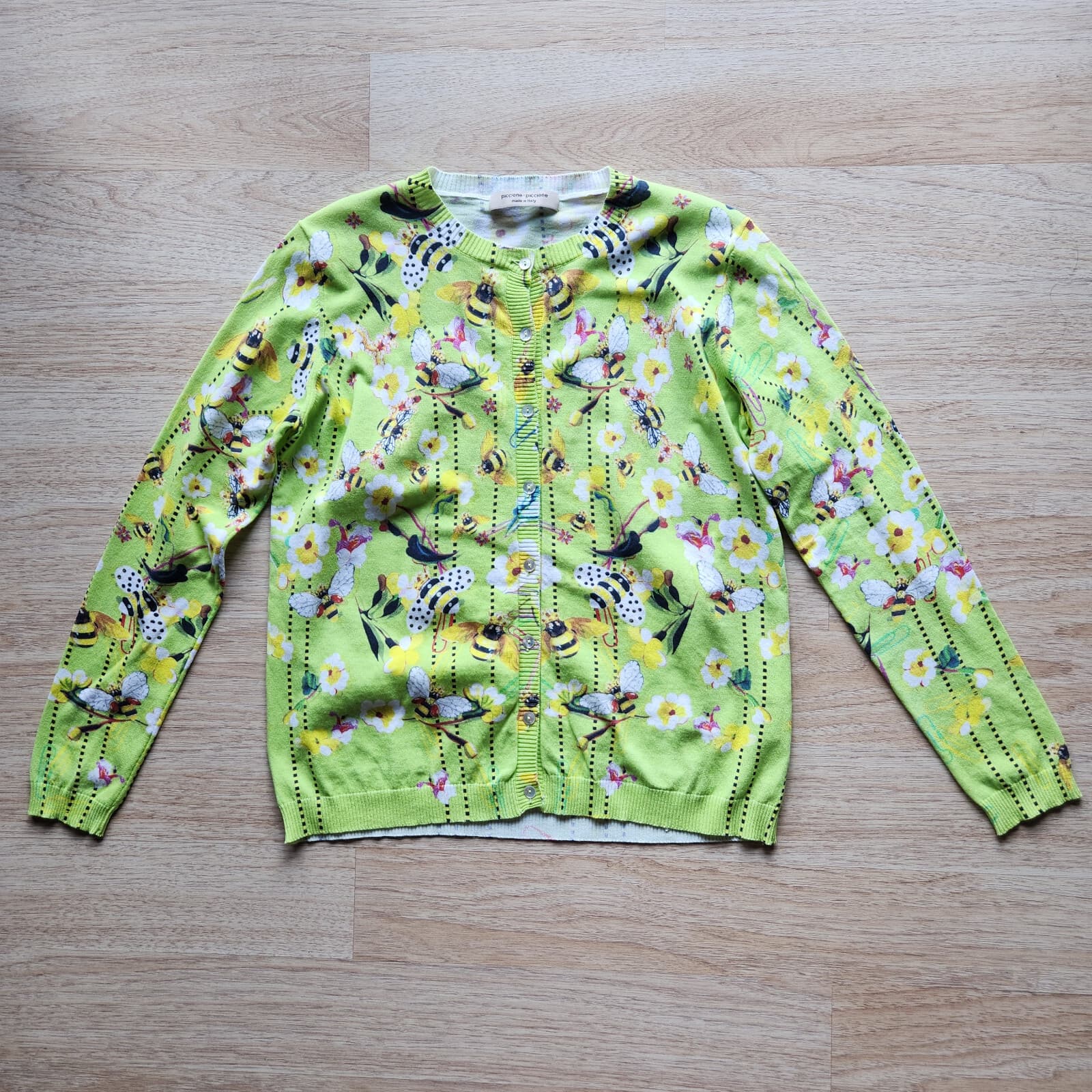 Piccione Piccione Made in Italy Bee Floral Cardigan Button Cotton Green Sz.42 - Thumbnail 5
