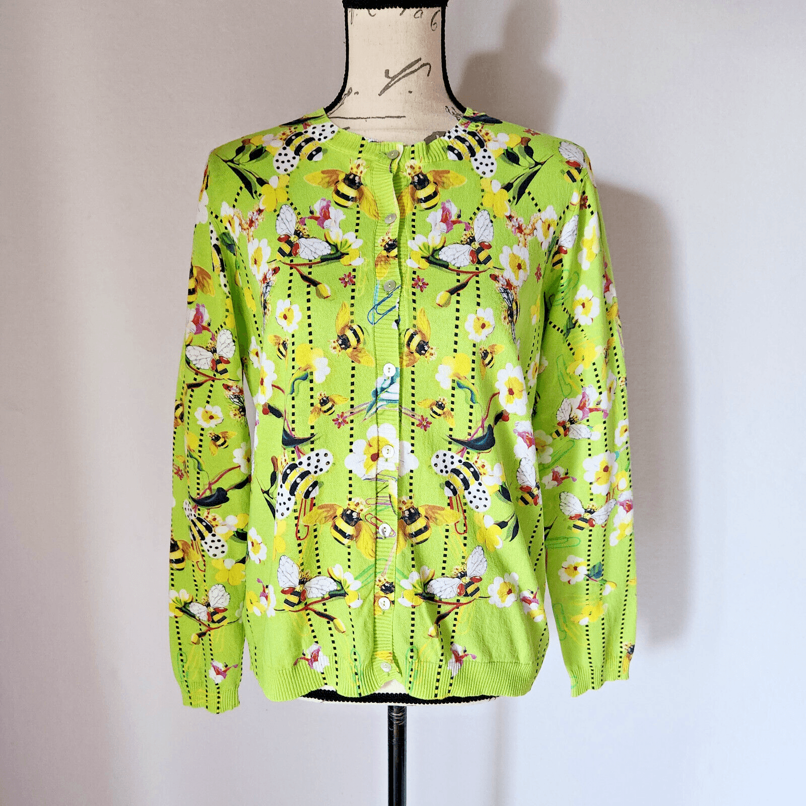 Piccione Piccione Made in Italy Bee Floral Cardigan Button Cotton Green Sz.42