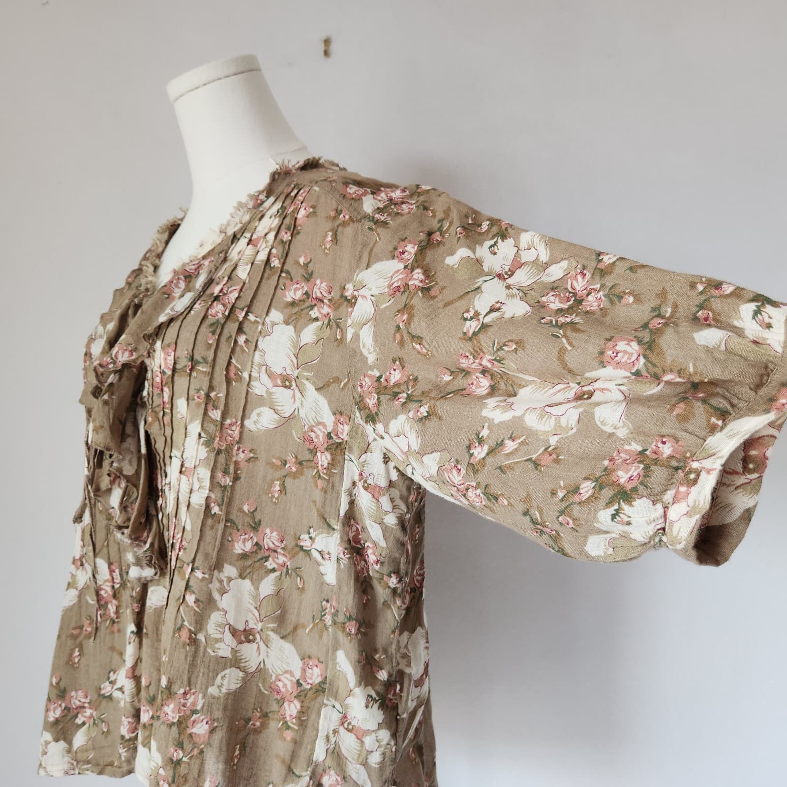 Denim & Supply Ralph Lauren Floral Ruffle Lace-Up Boho Top Puff Sleeve Brown M - Thumbnail 6