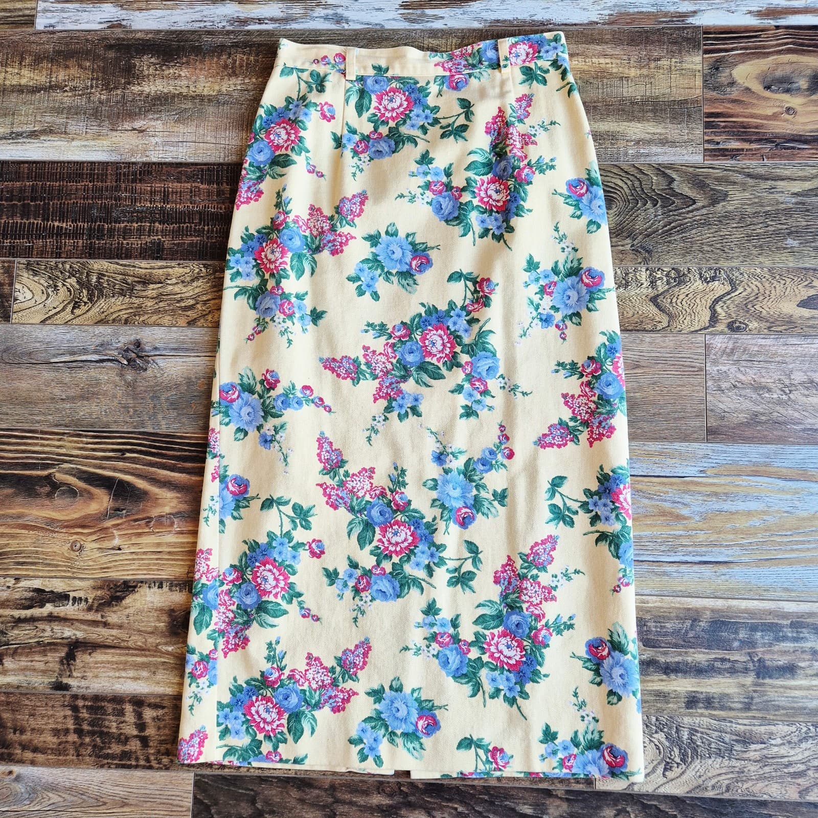 Vintage Willowbend Made in USA Twill Floral Midi Pencil Skirt Yellow Women's 12 - Thumbnail 2
