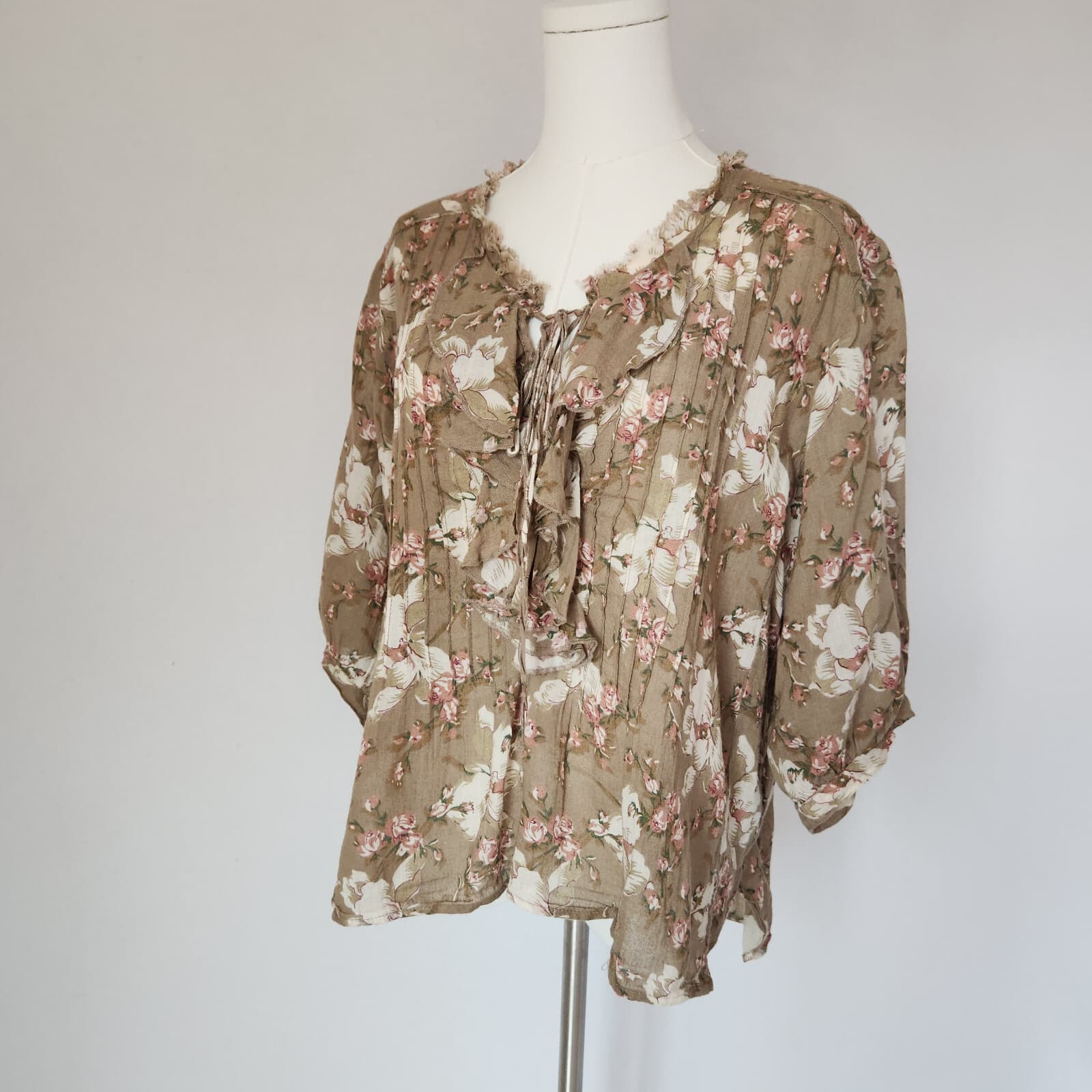 Denim & Supply Ralph Lauren Floral Ruffle Lace-Up Boho Top Puff Sleeve Brown M - Thumbnail 2
