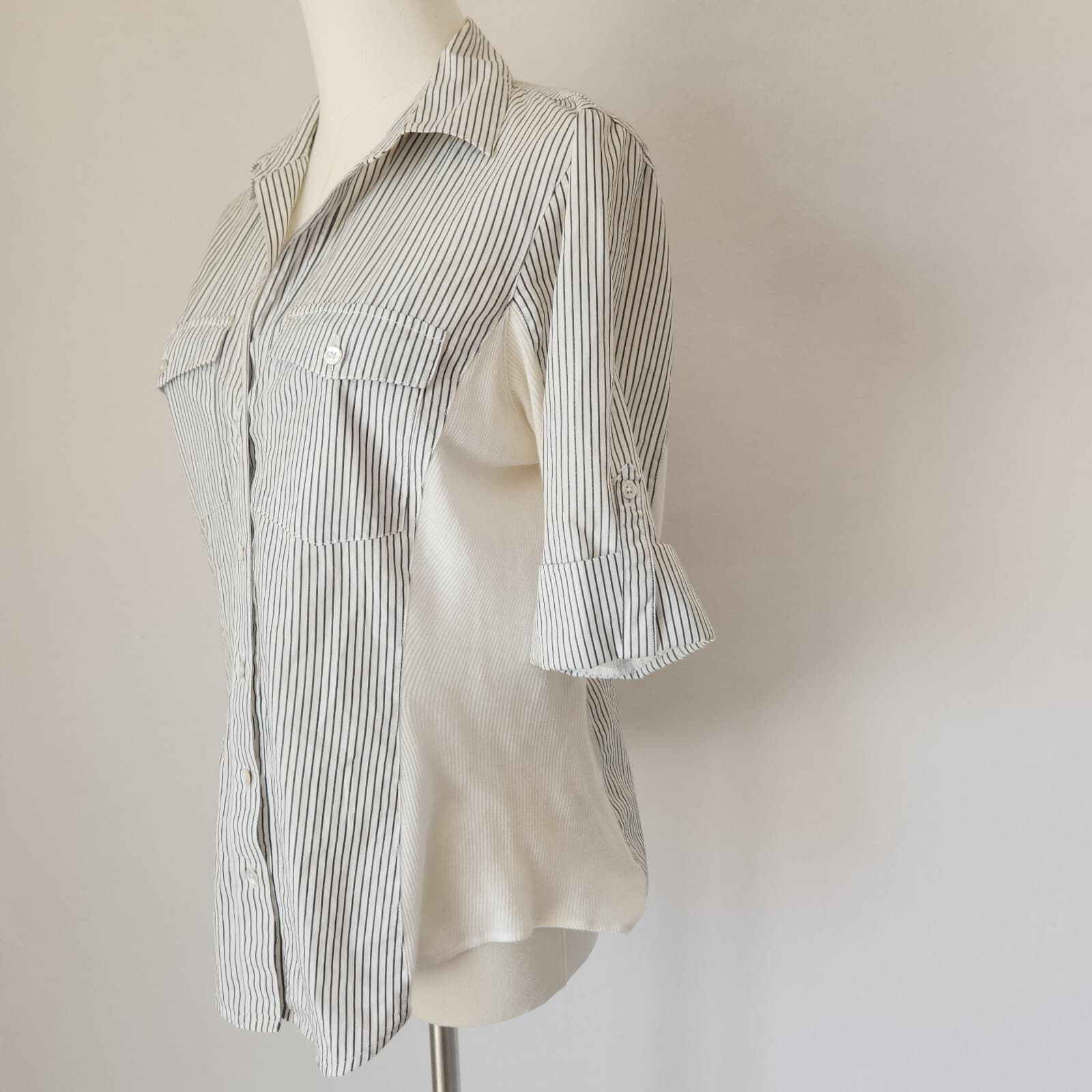 James Perse Roll Tab Button-Up Shirt Ribbed Knit Side Panel White Stripe Sz.2/M - Thumbnail 4