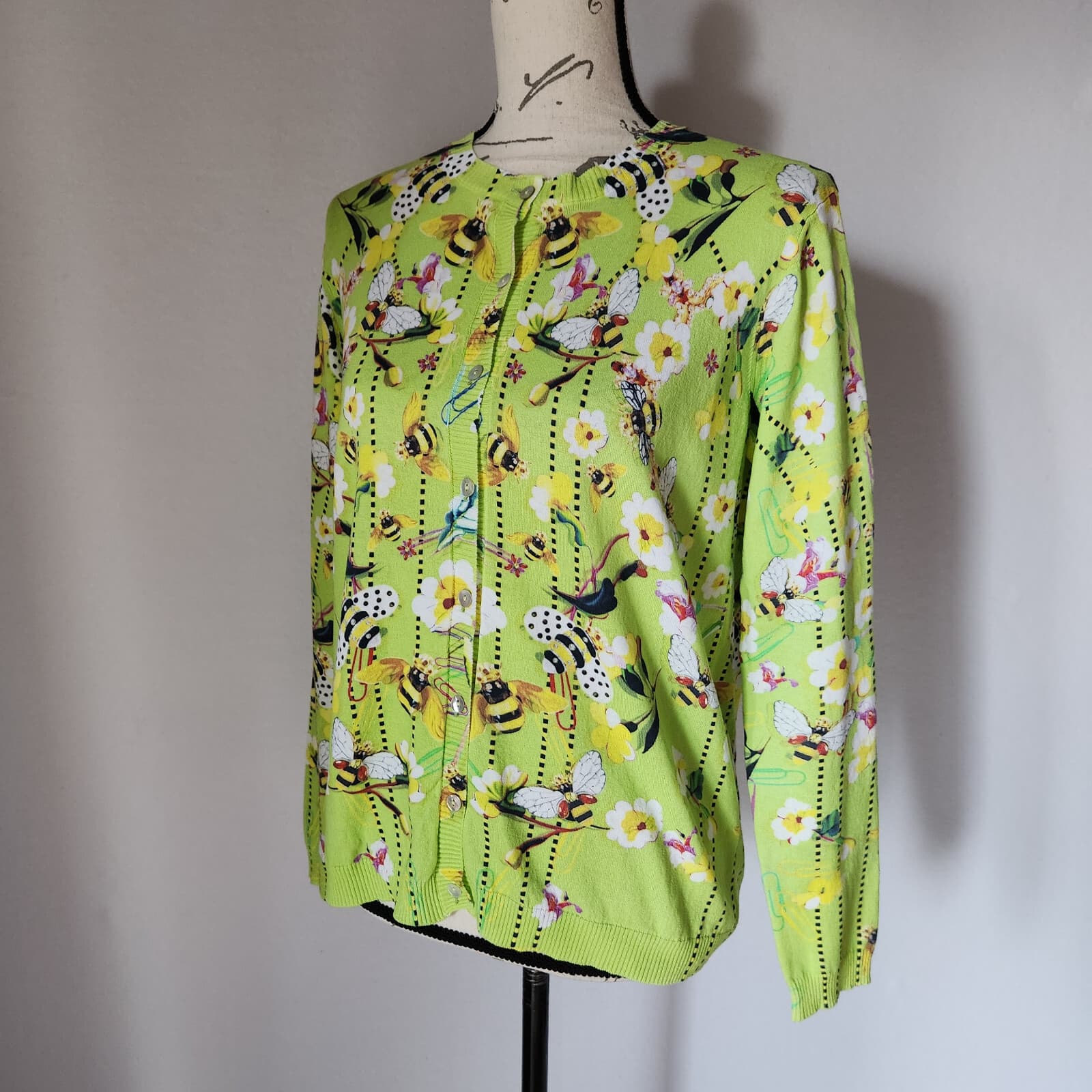 Piccione Piccione Made in Italy Bee Floral Cardigan Button Cotton Green Sz.42 - Thumbnail 2
