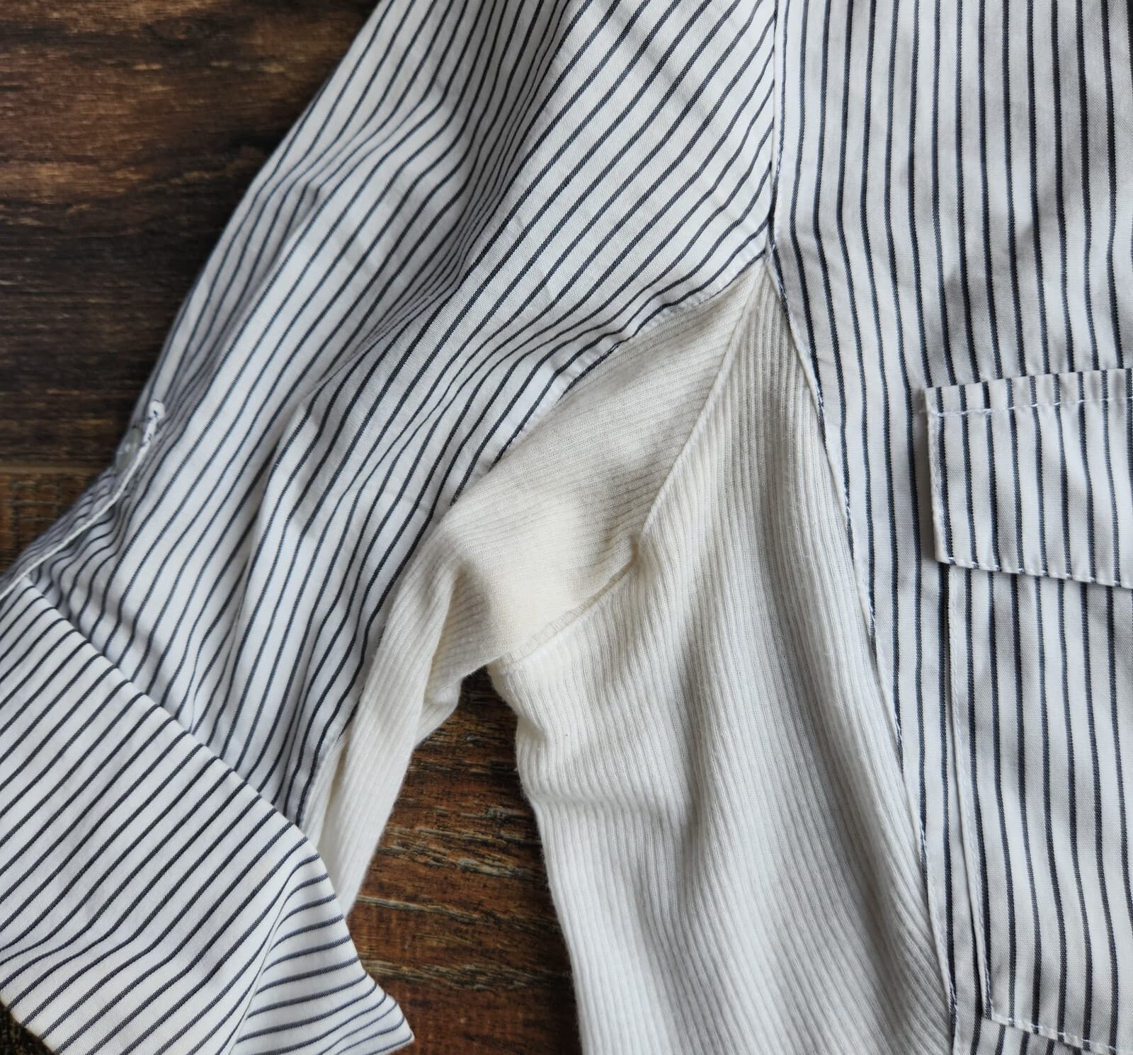 James Perse Roll Tab Button-Up Shirt Ribbed Knit Side Panel White Stripe Sz.2/M - Thumbnail 10