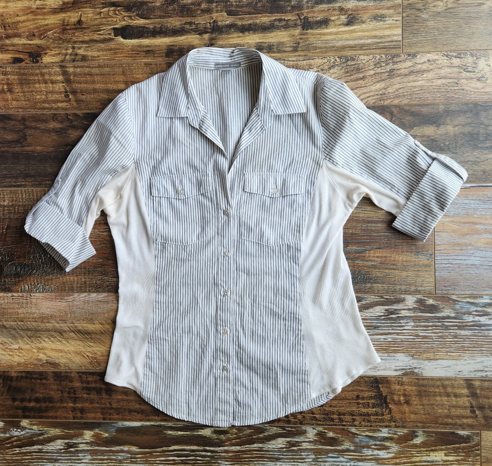 James Perse Roll Tab Button-Up Shirt Ribbed Knit Side Panel White Stripe Sz.2/M - Thumbnail 3