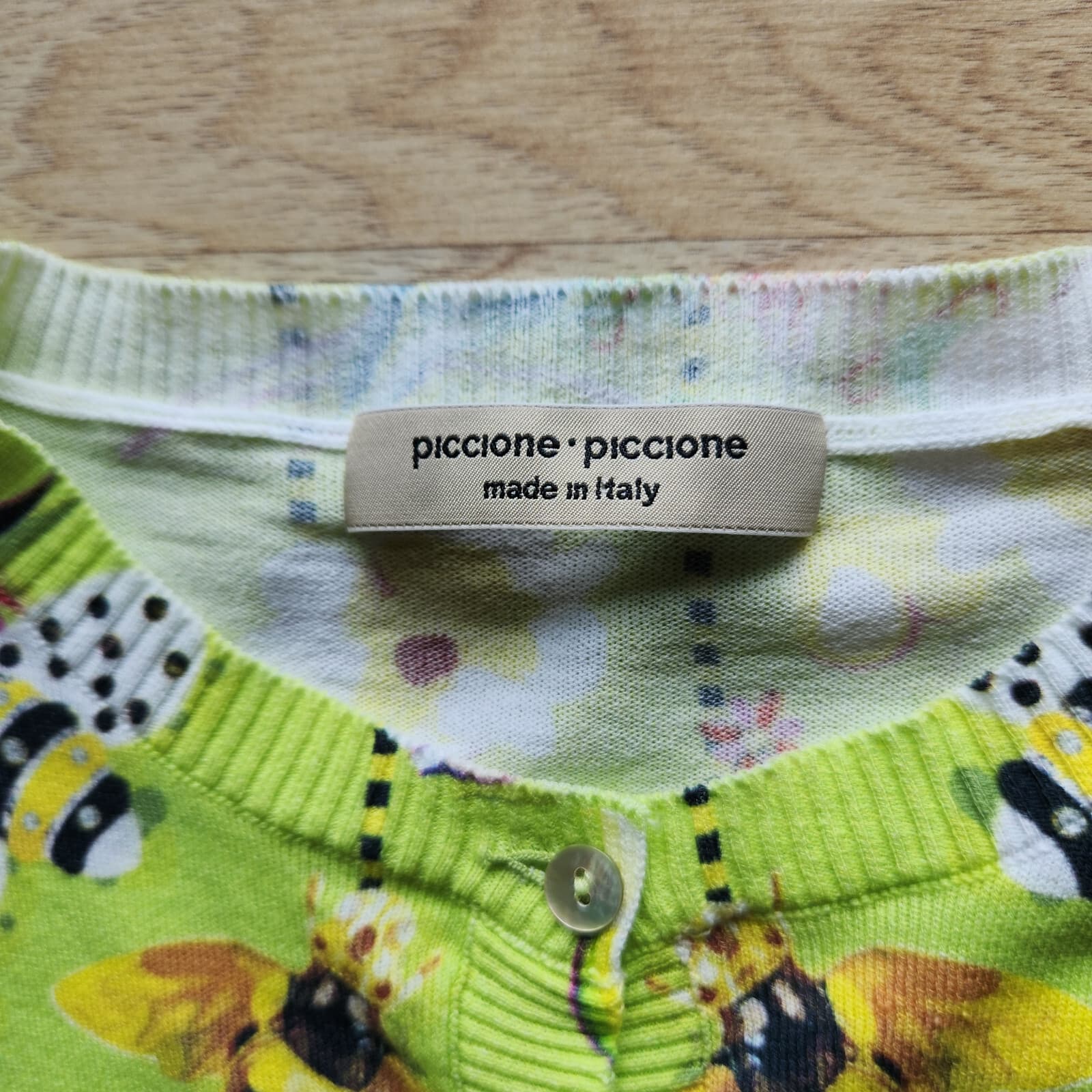Piccione Piccione Made in Italy Bee Floral Cardigan Button Cotton Green Sz.42 - Thumbnail 8