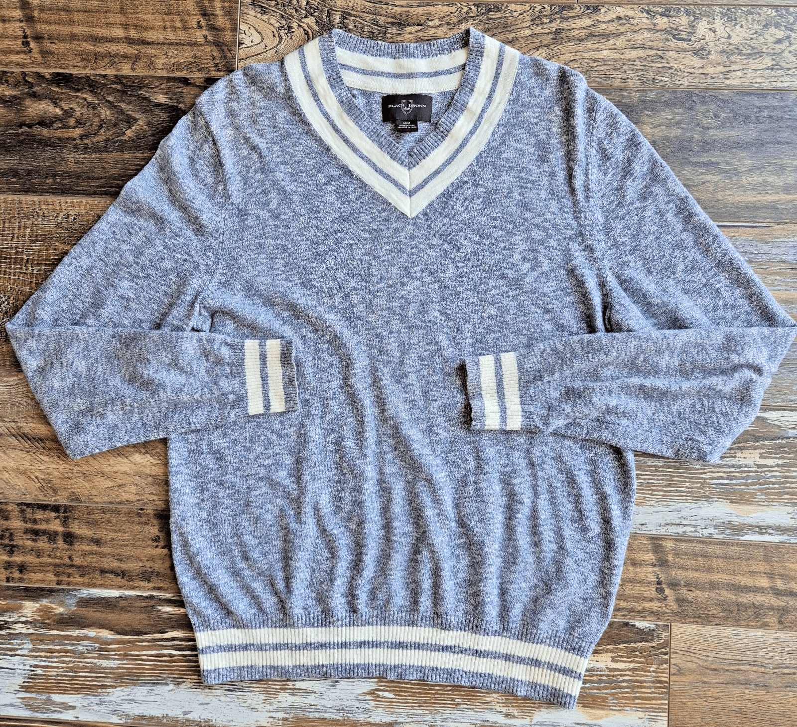 Black Brown 1826 Tennis Sweater V-Neck Blue White Cotton Blend Men's M