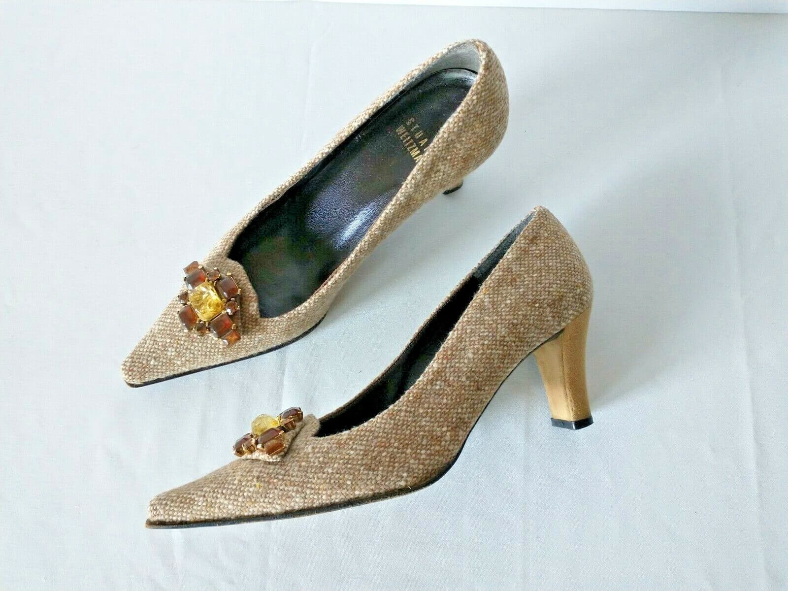 STUART WEITZMAN Tan Tweed Bejeweled Pumps Evening Shoes Embellished Women US5M - Thumbnail 3