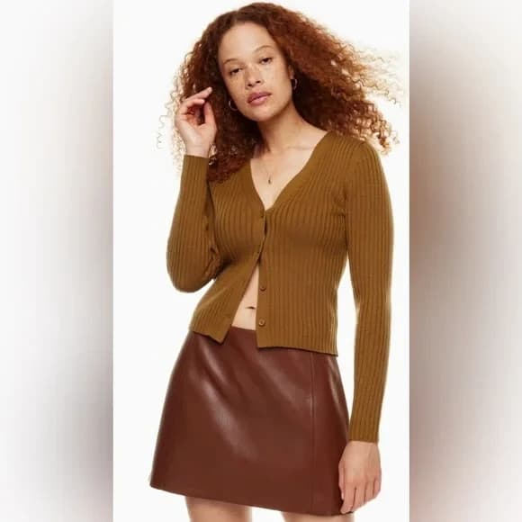 Aritzia Wilfred Size L Manila Wool Blend Ribbed Cropped Cardigan Button Brown - Thumbnail 2