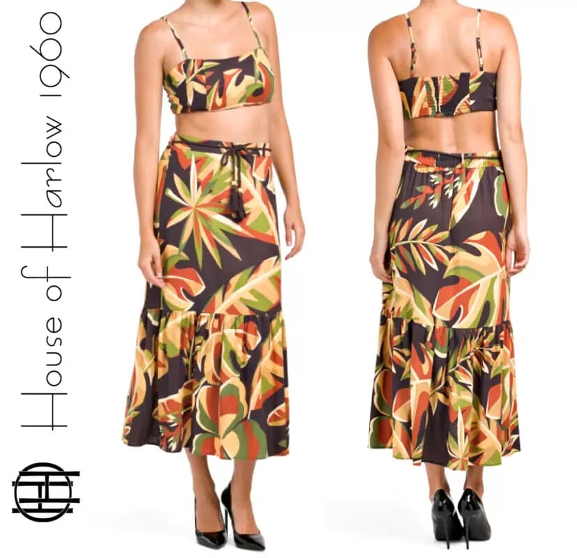 NWT House of Harlow 1960 Linen Blend Tiered Maxi Skirt Pull On Belt Tropical M - Thumbnail 4