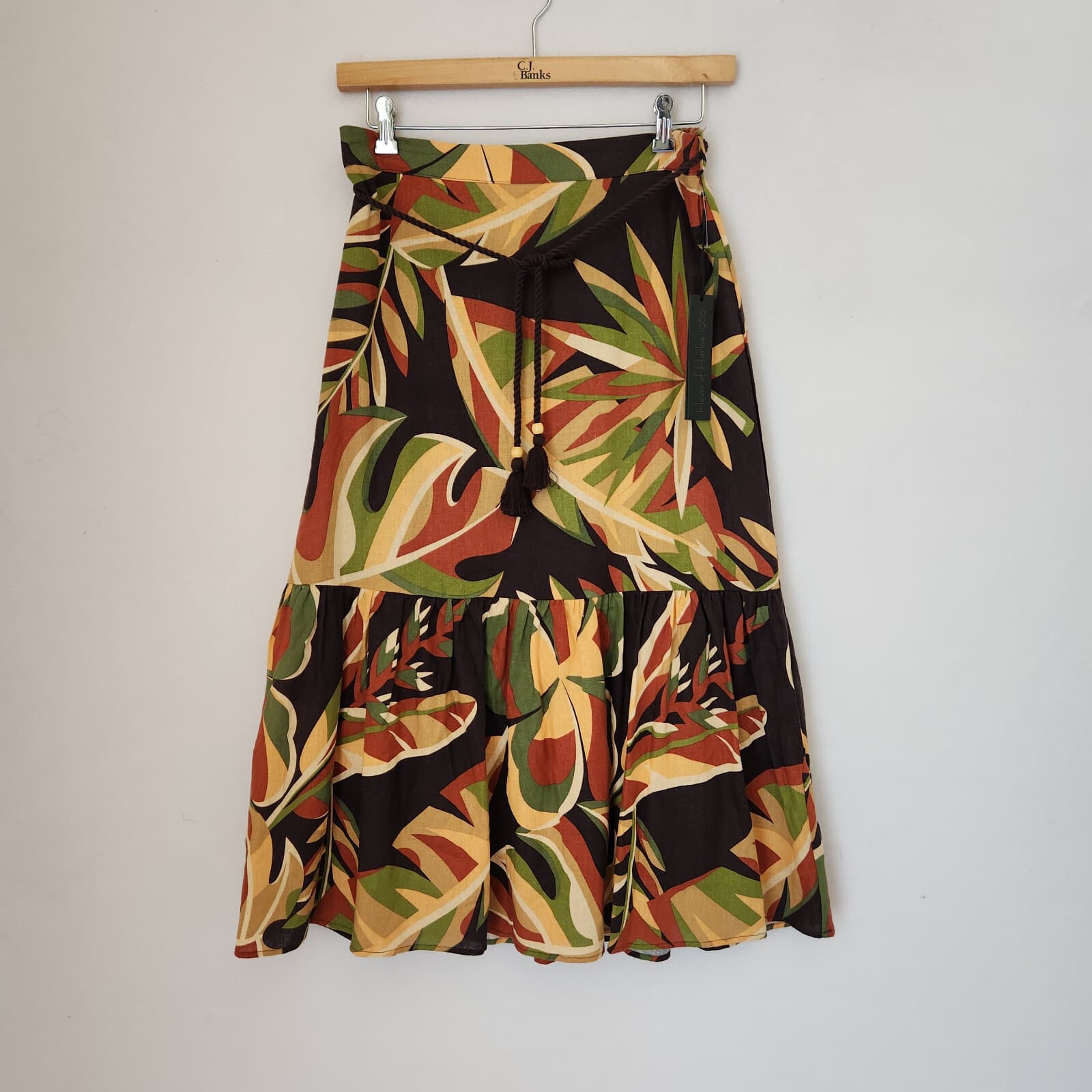 NWT House of Harlow 1960 Linen Blend Tiered Maxi Skirt Pull On Belt Tropical M - Thumbnail 3