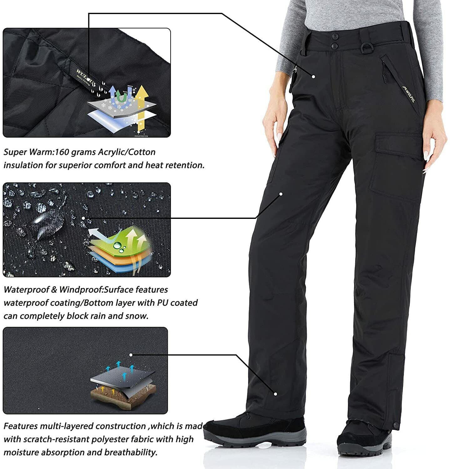 NWT WULFUL Snowboard Ski Pants Insulated Waterproof Cargo Pocket Black Women L - Thumbnail 4