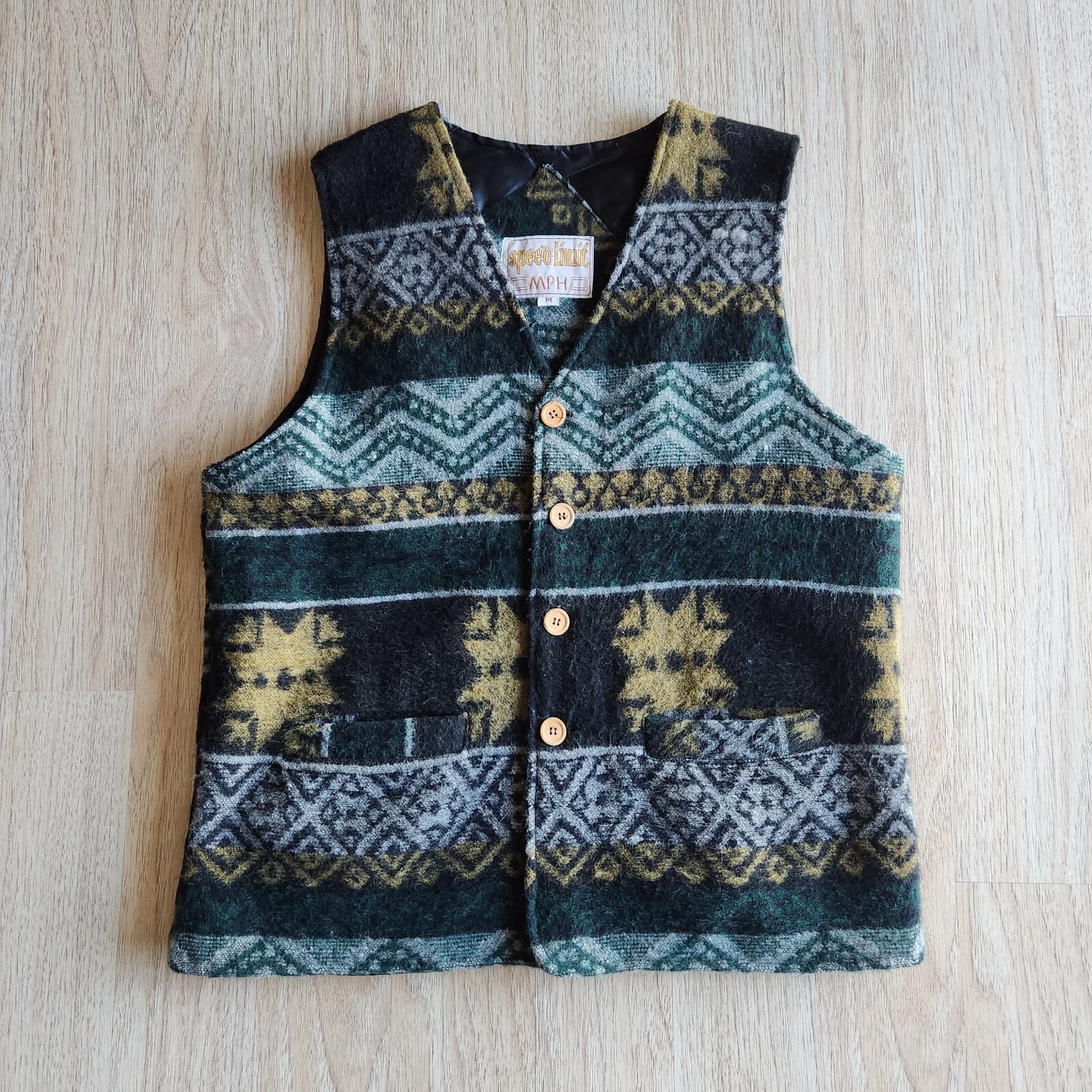 Vintage Speed Limit MPH Holiday Wool Blend Quilted Lined Vest Button Pocket Sz.M