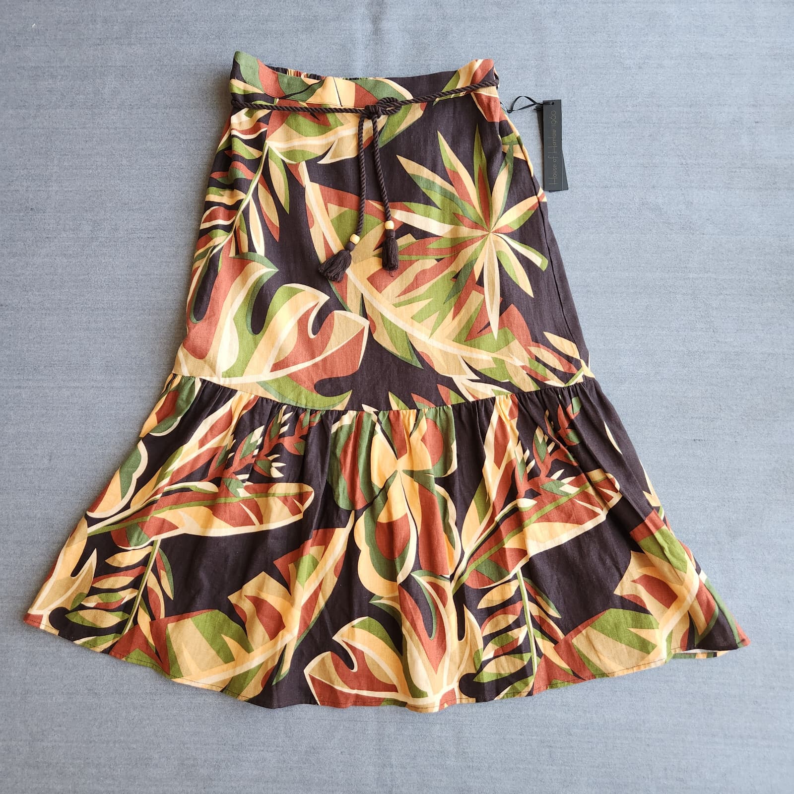 NWT House of Harlow 1960 Linen Blend Tiered Maxi Skirt Pull On Belt Tropical M