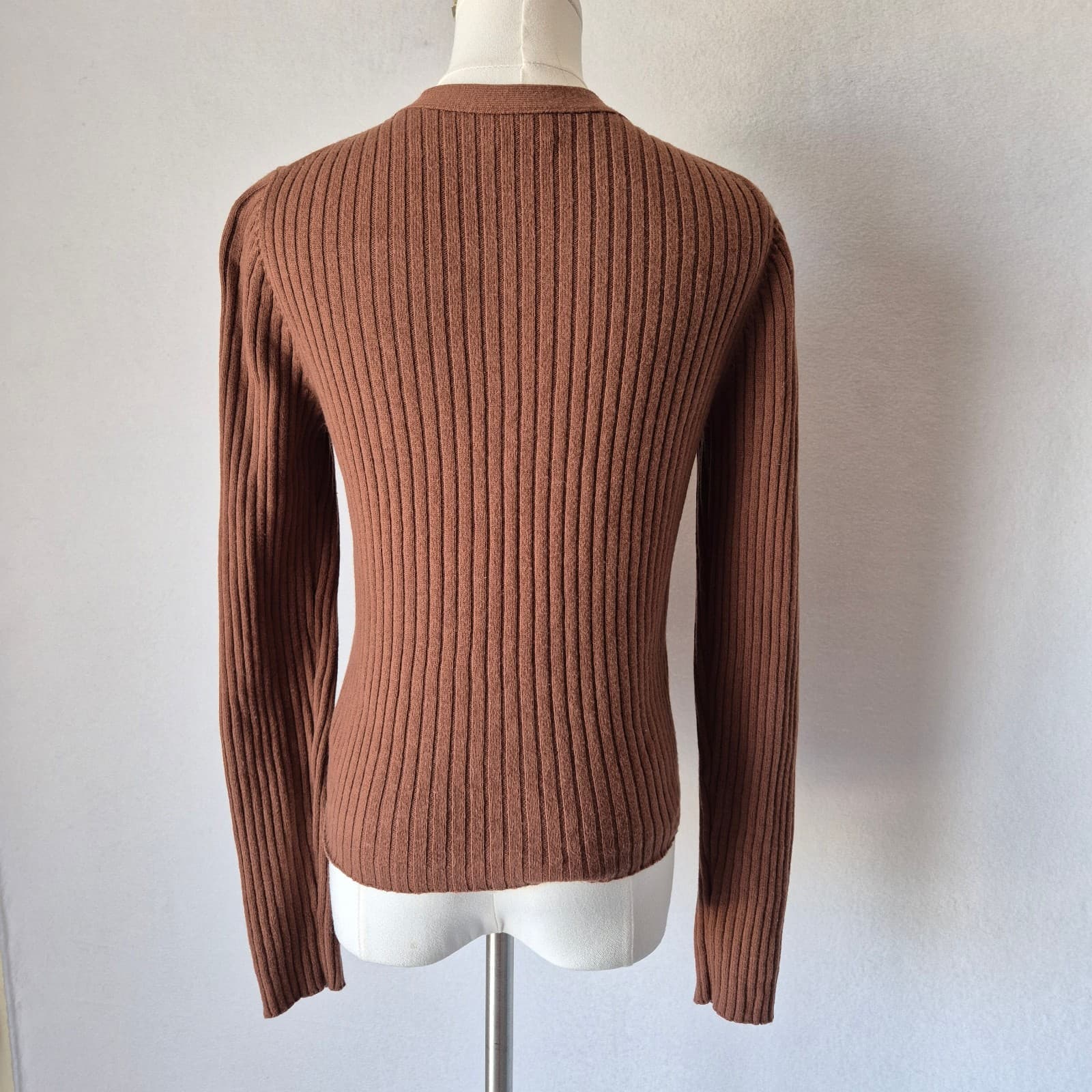 Aritzia Wilfred Size L Manila Wool Blend Ribbed Cropped Cardigan Button Brown - Thumbnail 7