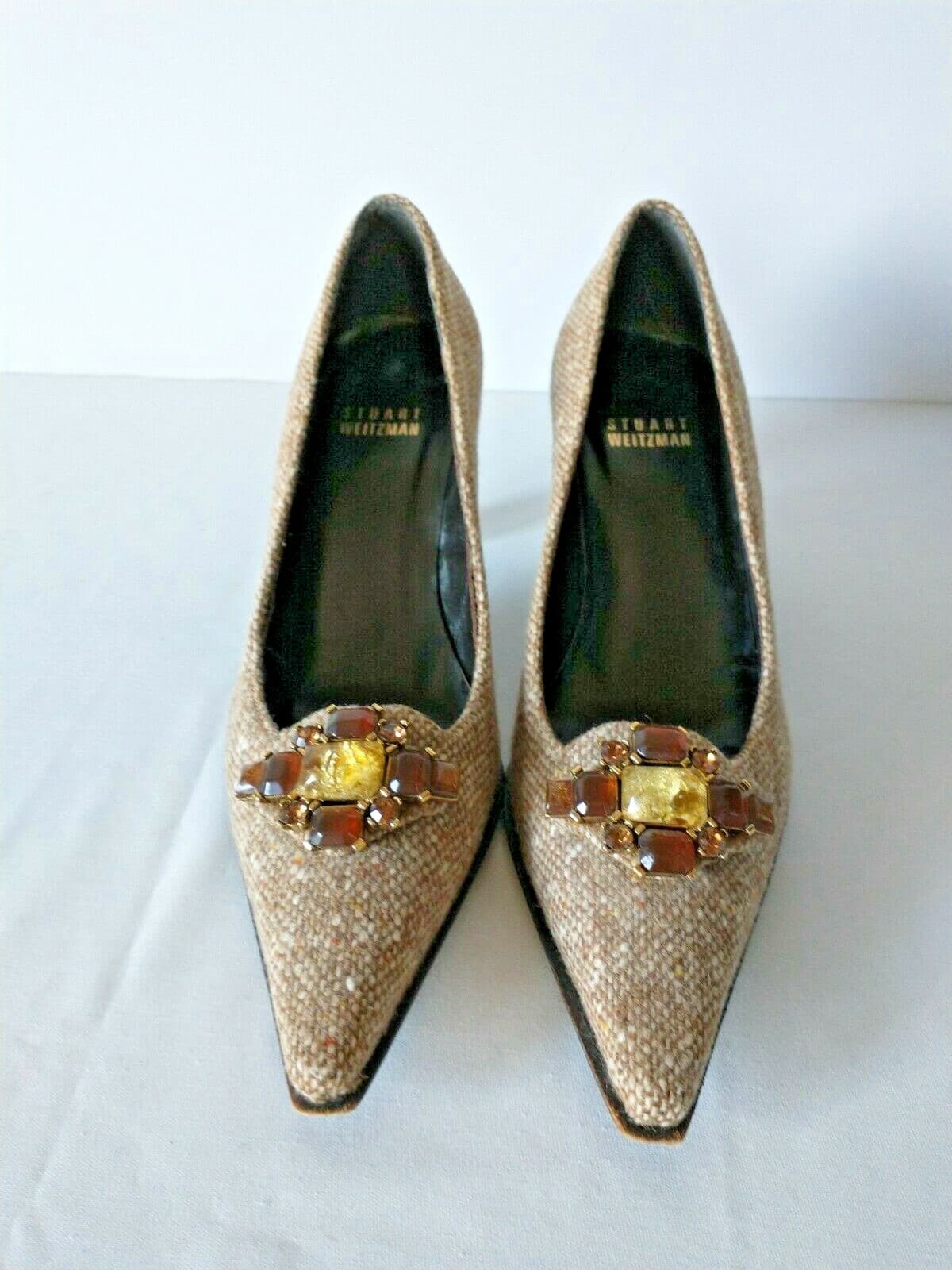 STUART WEITZMAN Tan Tweed Bejeweled Pumps Evening Shoes Embellished Women US5M - Thumbnail 2