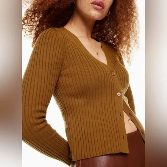 Aritzia Wilfred Size L Manila Wool Blend Ribbed Cropped Cardigan Button Brown - Thumbnail 4