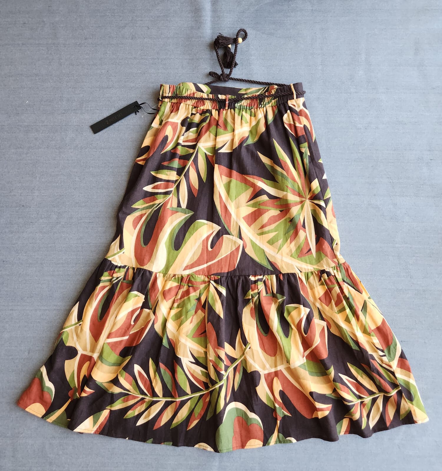 NWT House of Harlow 1960 Linen Blend Tiered Maxi Skirt Pull On Belt Tropical M - Thumbnail 5