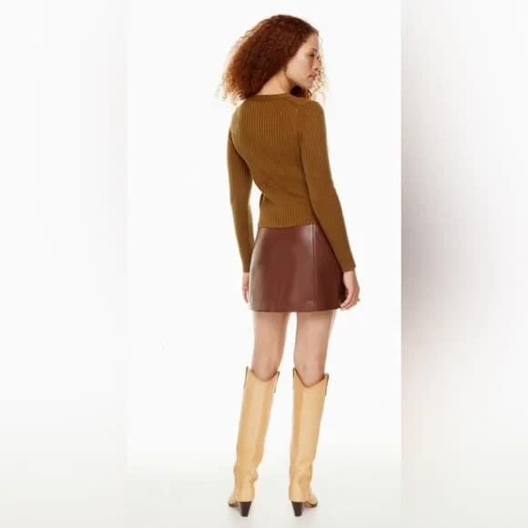 Aritzia Wilfred Size L Manila Wool Blend Ribbed Cropped Cardigan Button Brown - Thumbnail 6