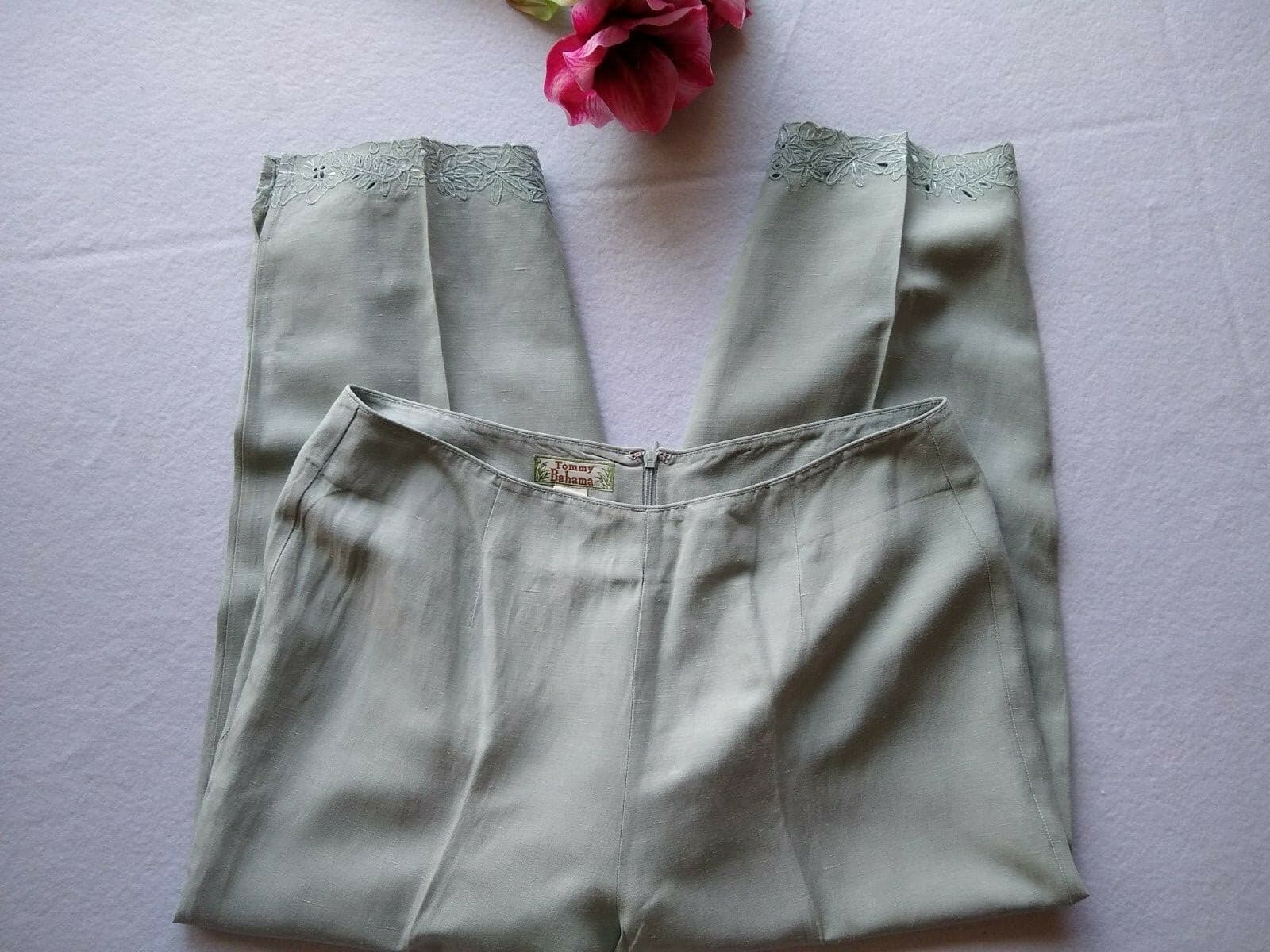Tommy Bahama Silk Linen Blend Embroidered Crop Capri Pants Green Women Sz.12 - Thumbnail 5
