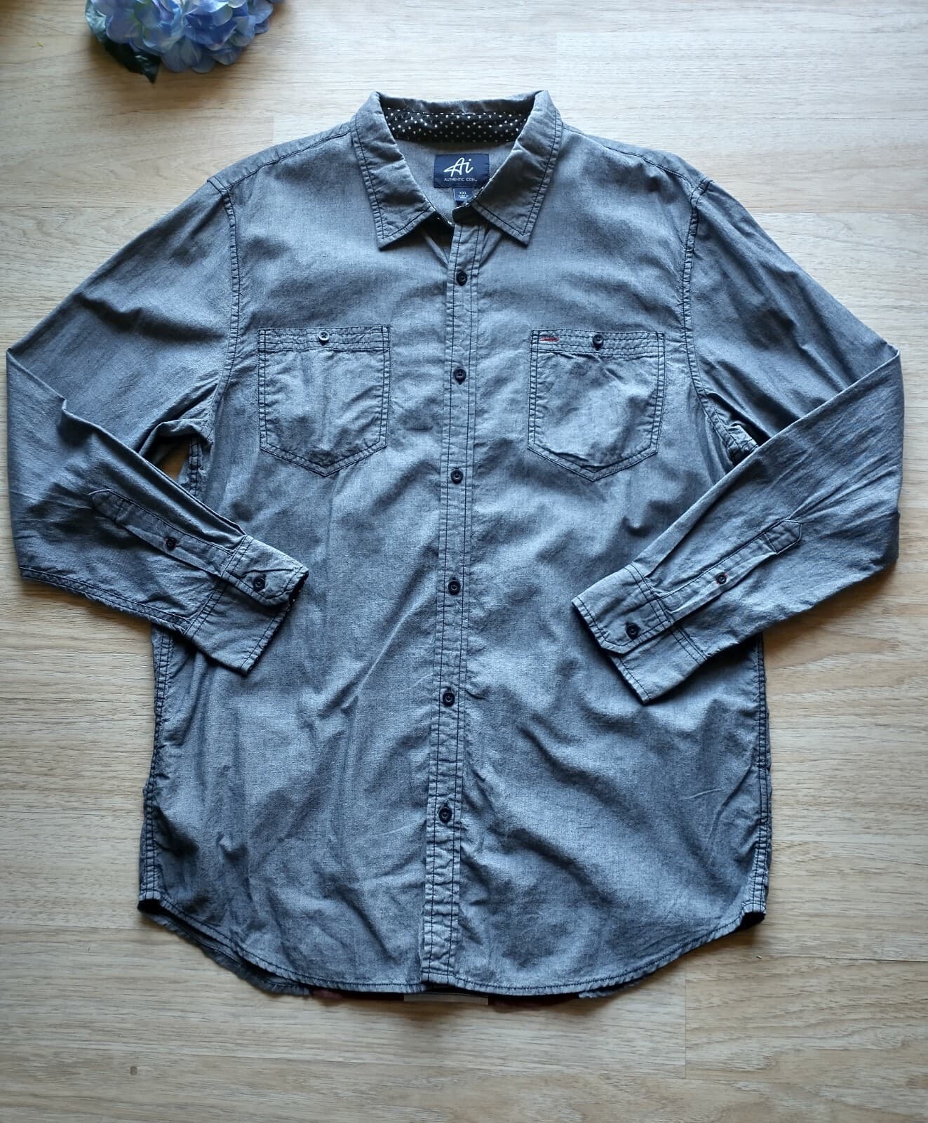 Authentic Icon Men Cotton Chambray Shirt Long Sleeve Graphic Blue Sz.XXL - Thumbnail 2
